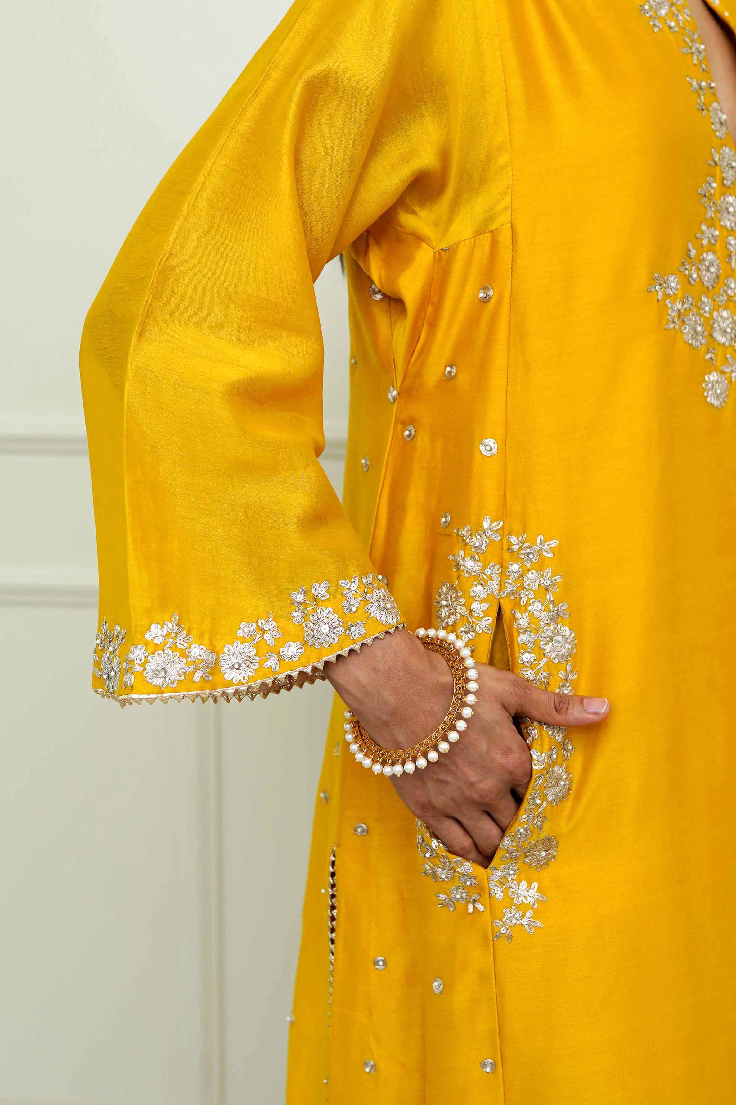 Basirah-Glaze Mustard Gota Embroidered Choga Kurta Set