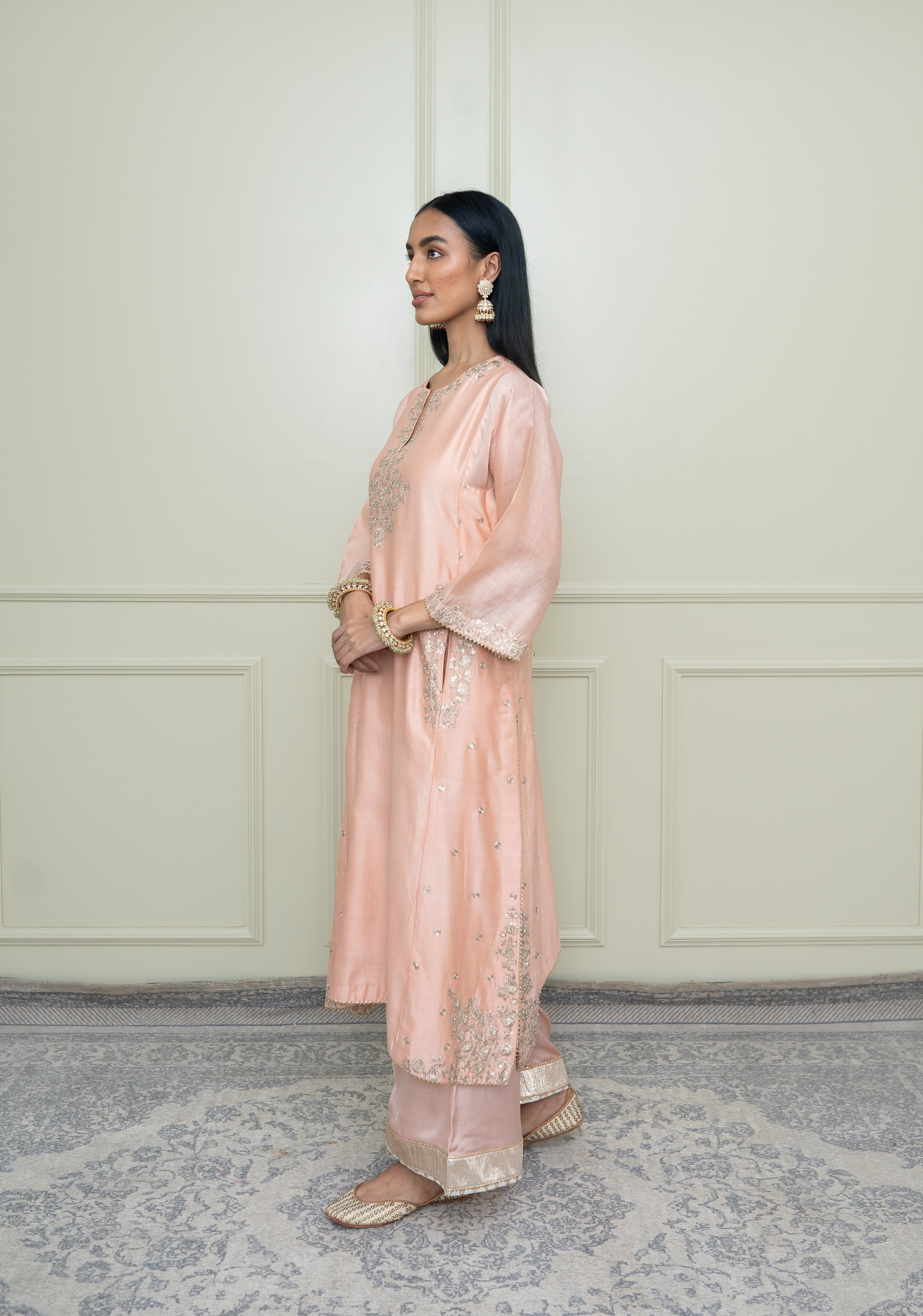 Basirah-Pearl Pink Gota Embroidered Choga Kurta Set