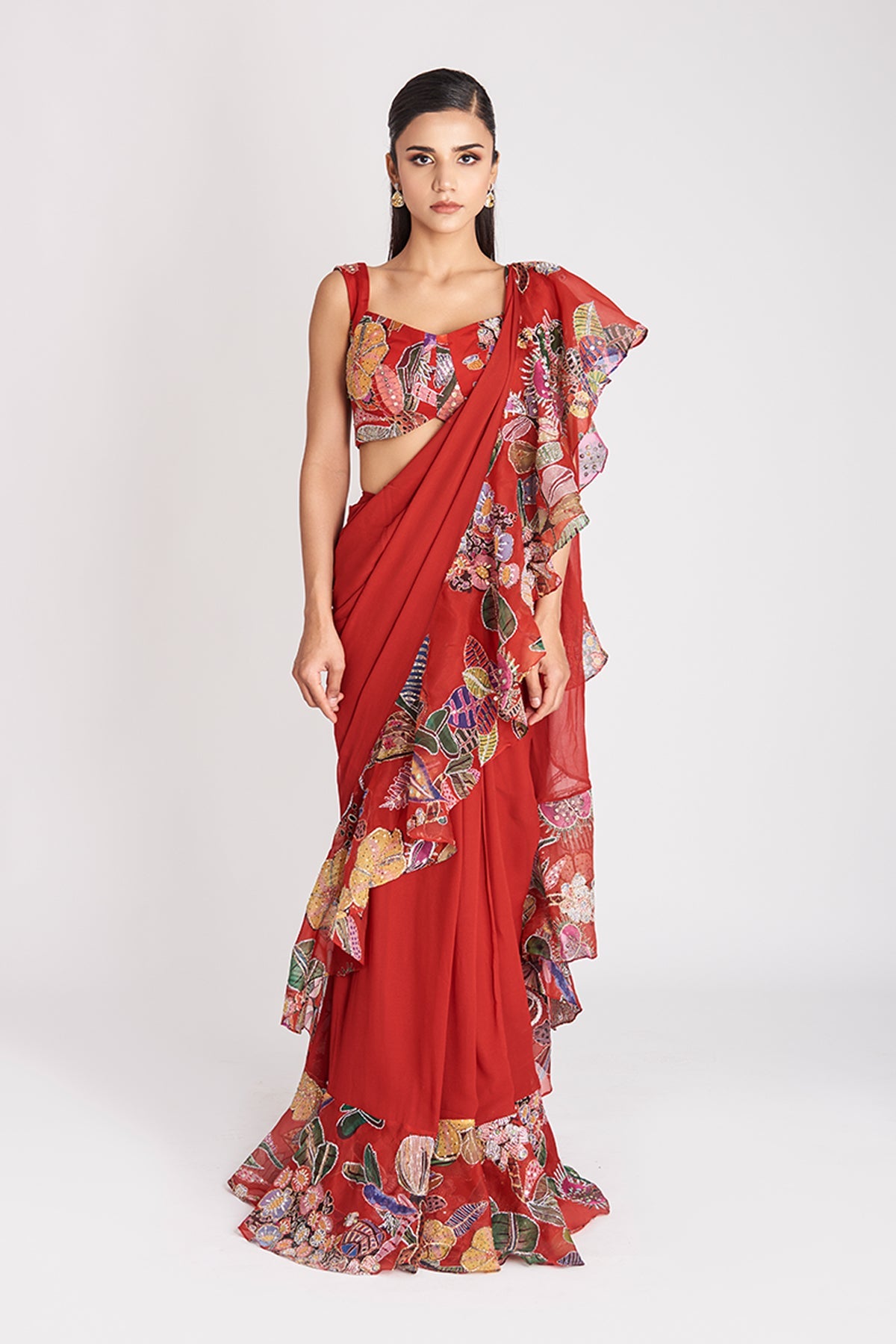 Tranquil - Tribe Fiery Red Mulberry Crepe Saree Set