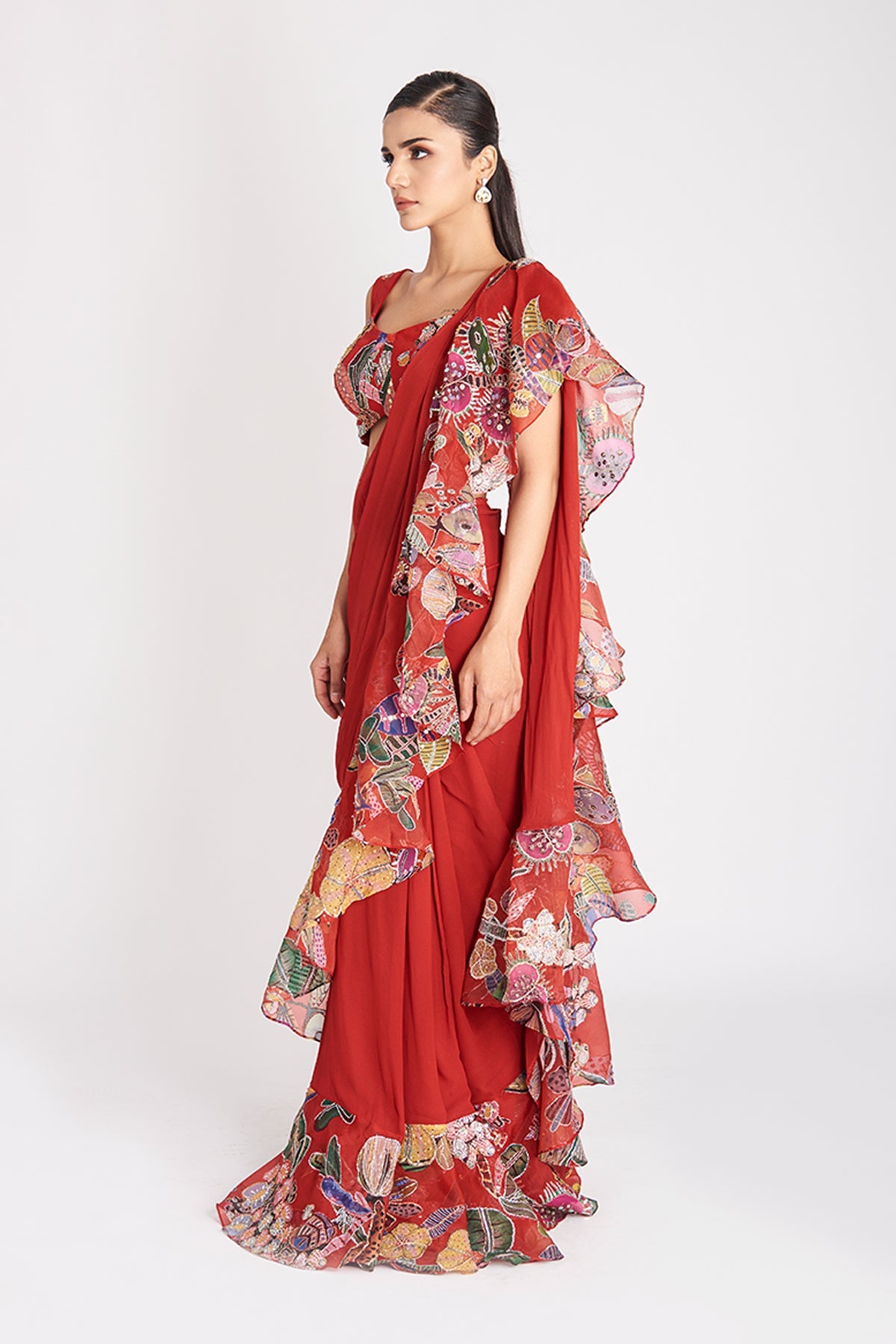 Tranquil - Tribe Fiery Red Mulberry Crepe Saree Set