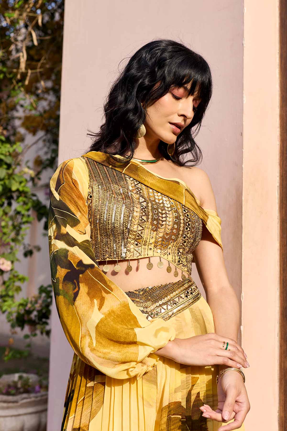 Butter Yellow Floral One Shoulder Co-Rd Set