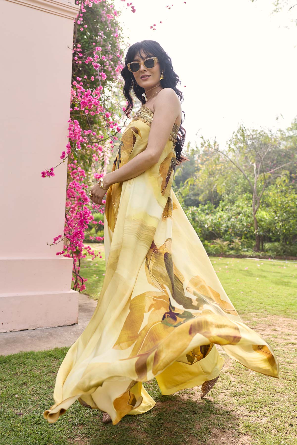 Butter Yellow Floral, One Shoulder Kaftan Set