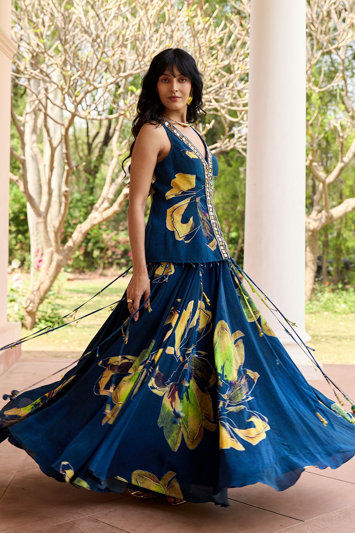 Navygold Floral Printed Lehenga Set
