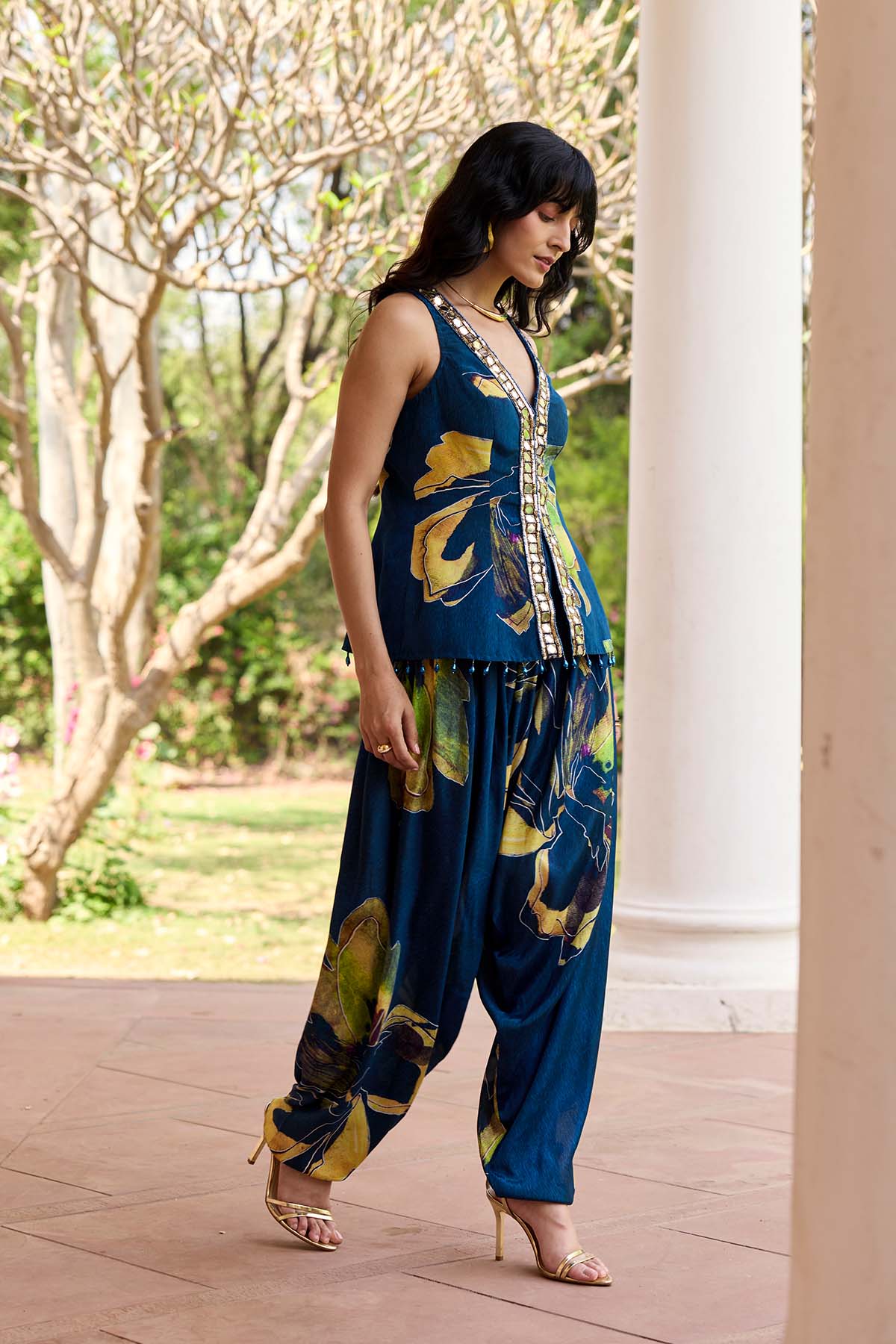Navygold Floral Printed Dhoti Set