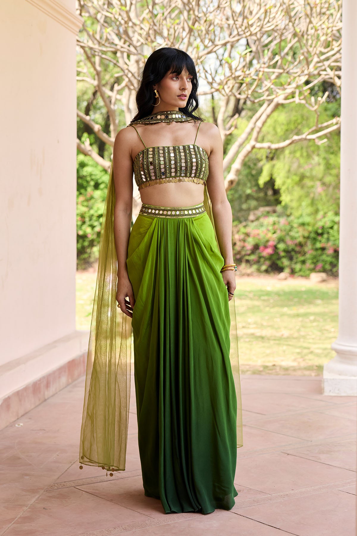 Algae Green Ombre Dhoti Skirt Set