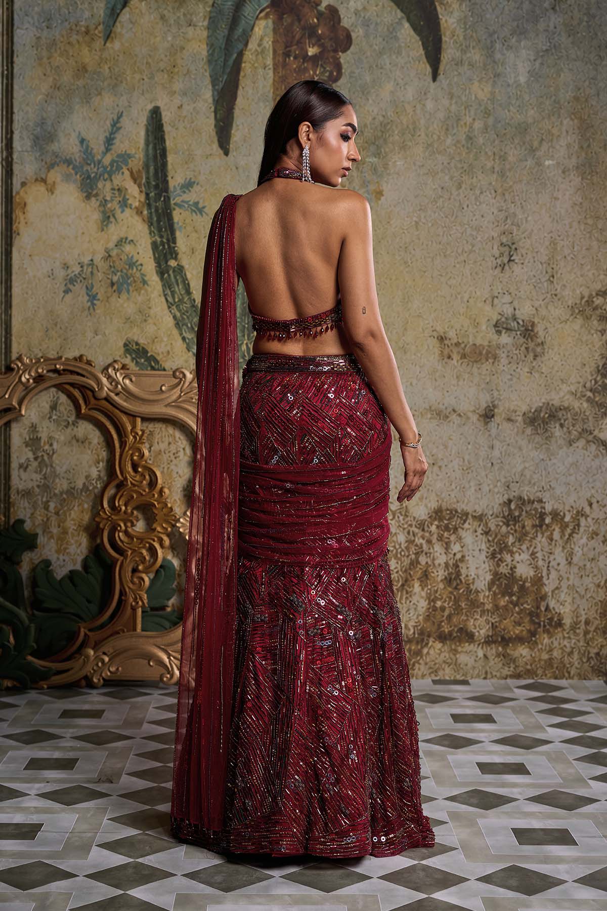 Maroon Abstract Embellished Saree Set