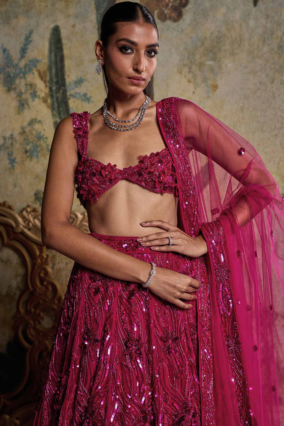 Fuschia Pink 3-D Embellished Lehenga Set