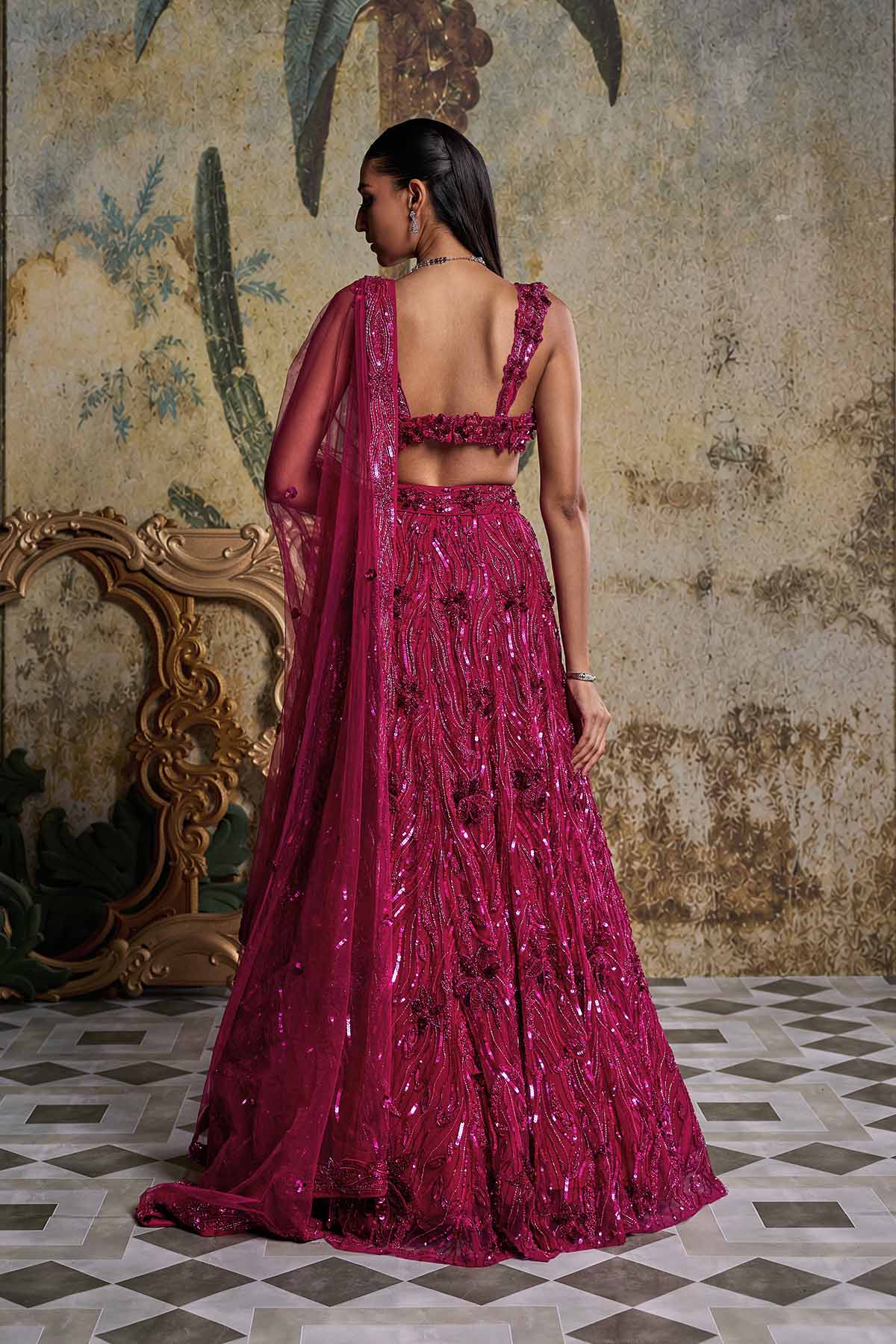 Fuschia Pink 3-D Embellished Lehenga Set