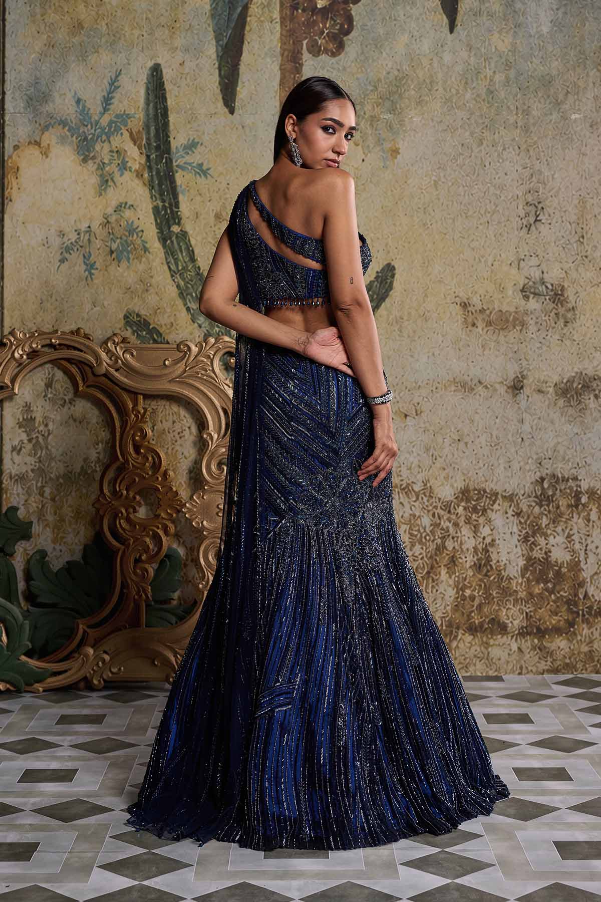 Mid Night Blue Embellished Mermiad Skirt Set