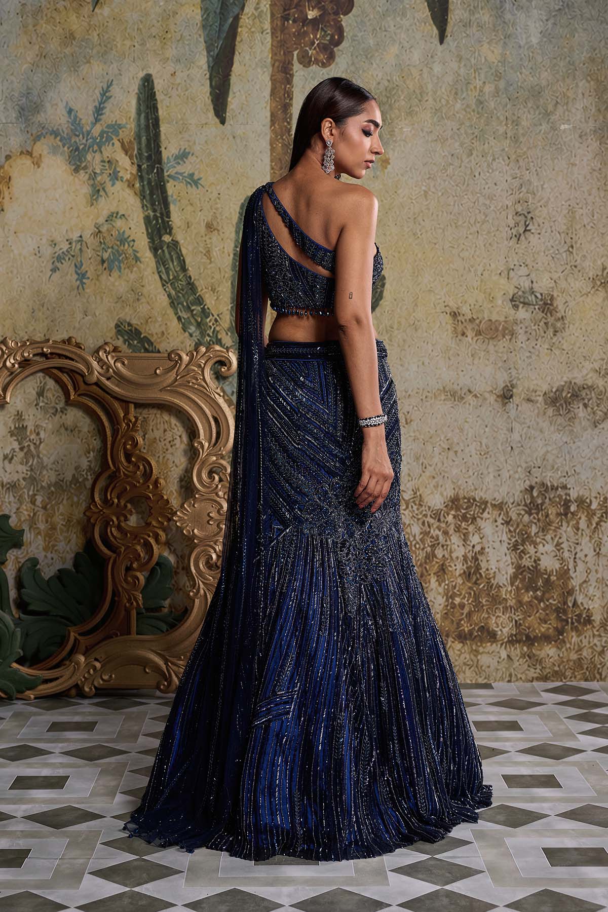 Mid Night Blue Embellished Mermiad Skirt Set