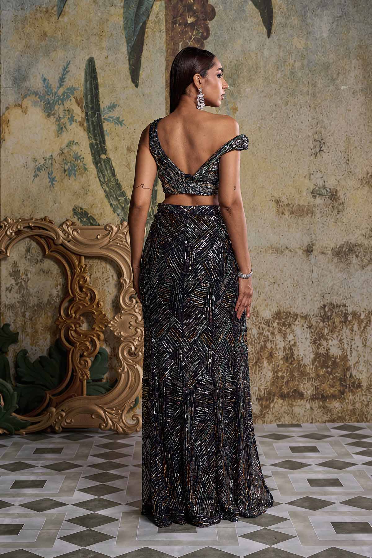 Mid Night Blue Embellished Slit Skirt