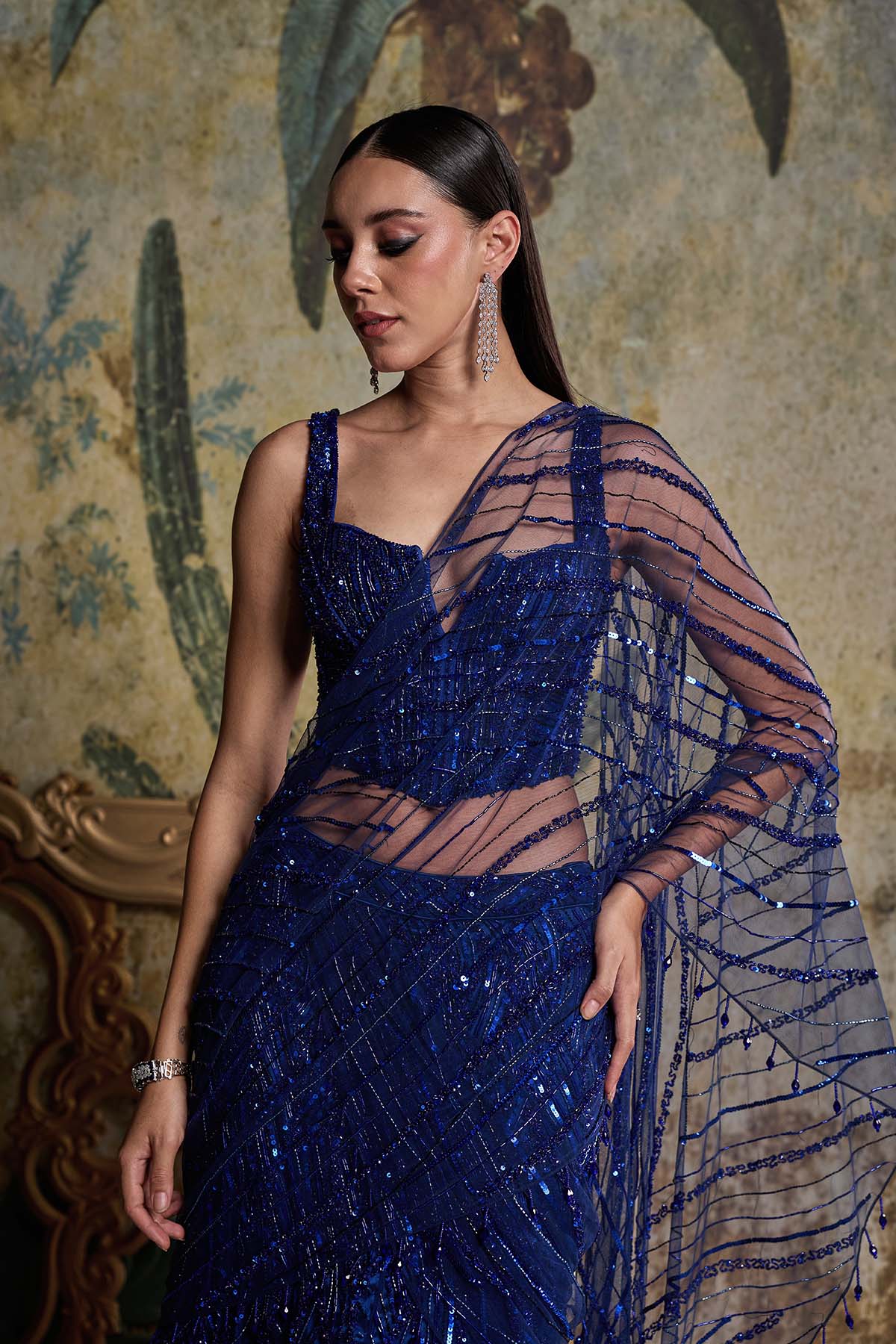 Electric Blue Embellished Saree Set