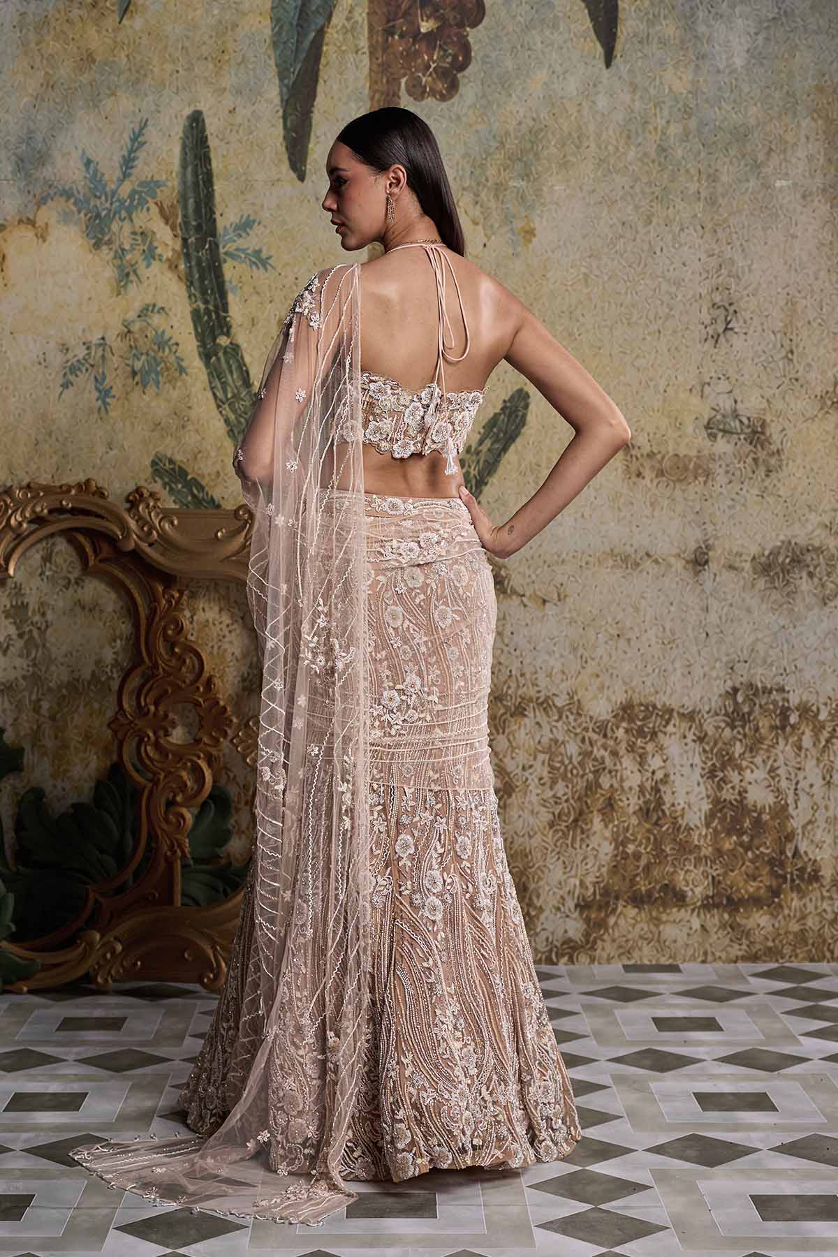 Beige & Ivory 3-D Floral Embellished Saree Set