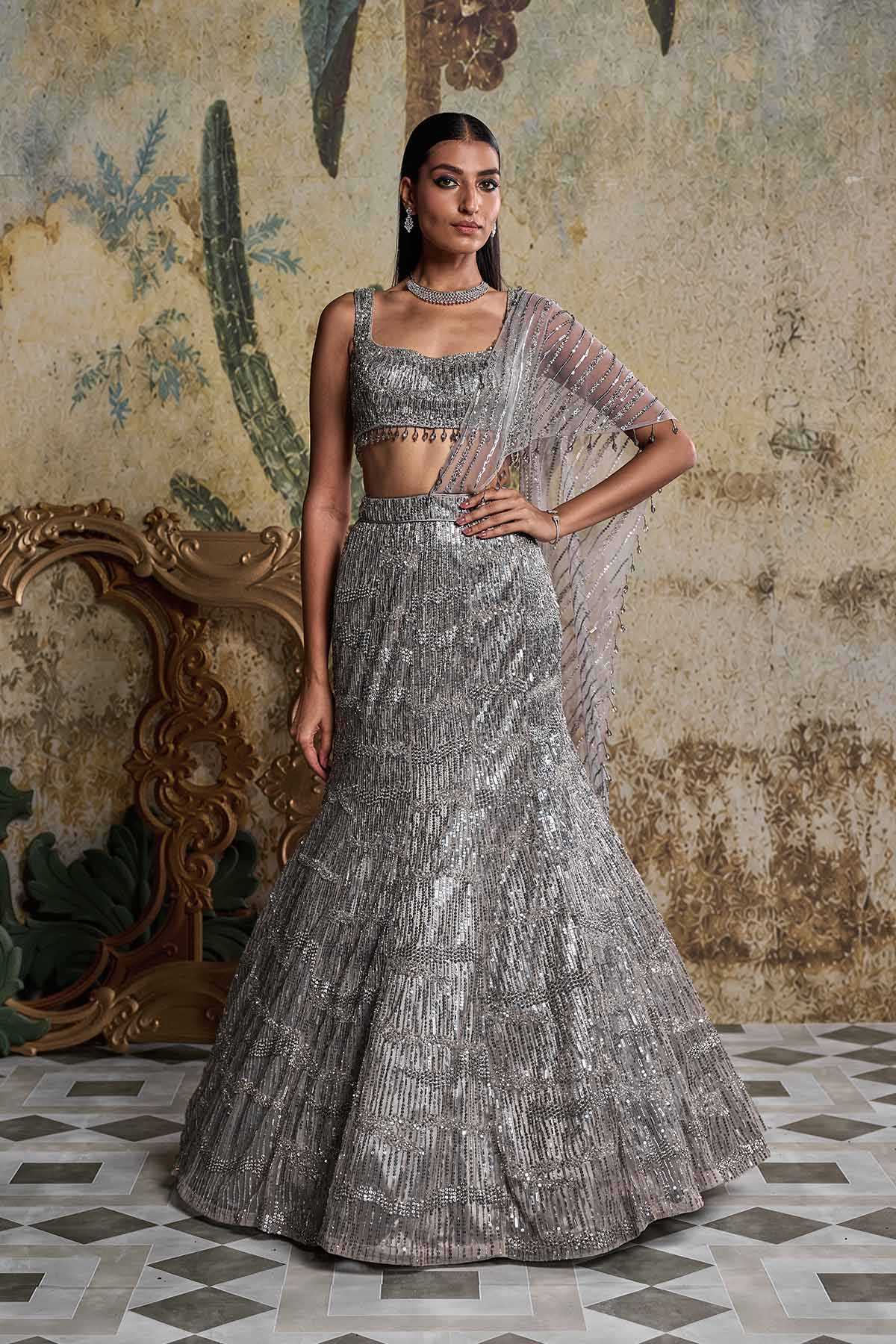 Silver Abstract Sequince Embellished Saree Set