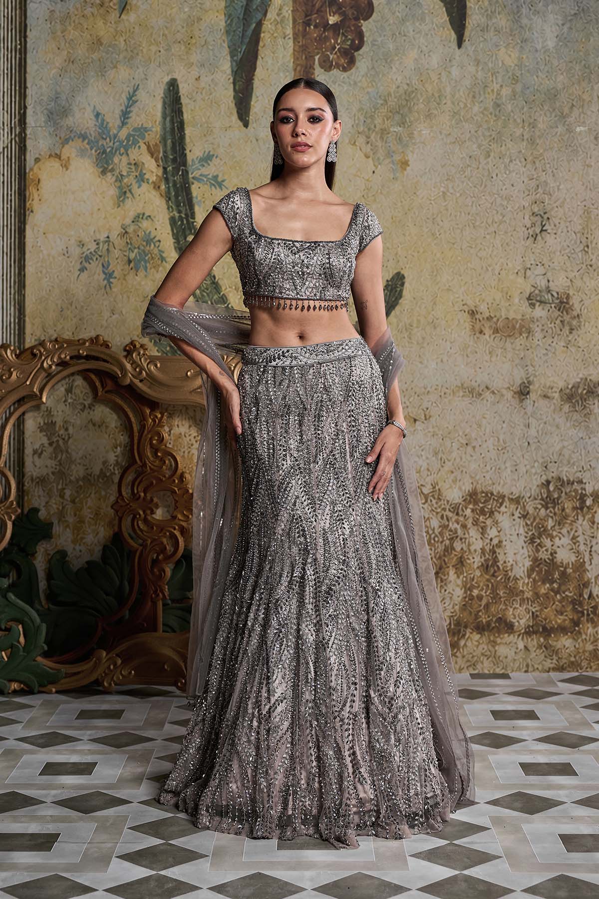 Grey Gunmetal Embellished Mermaid Skirt Set
