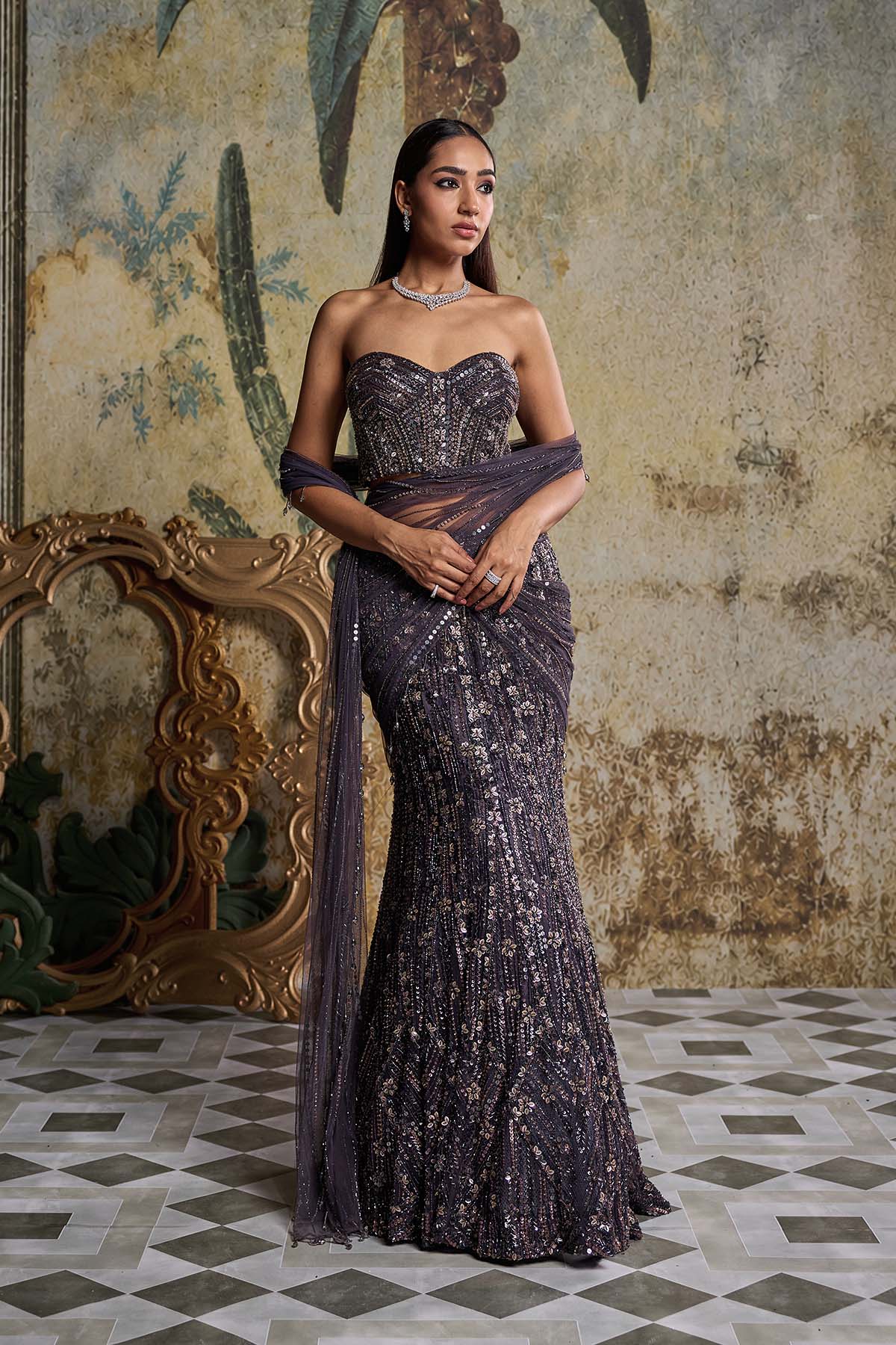 Charcol Grey Floral Embellished Corset Saree Set
