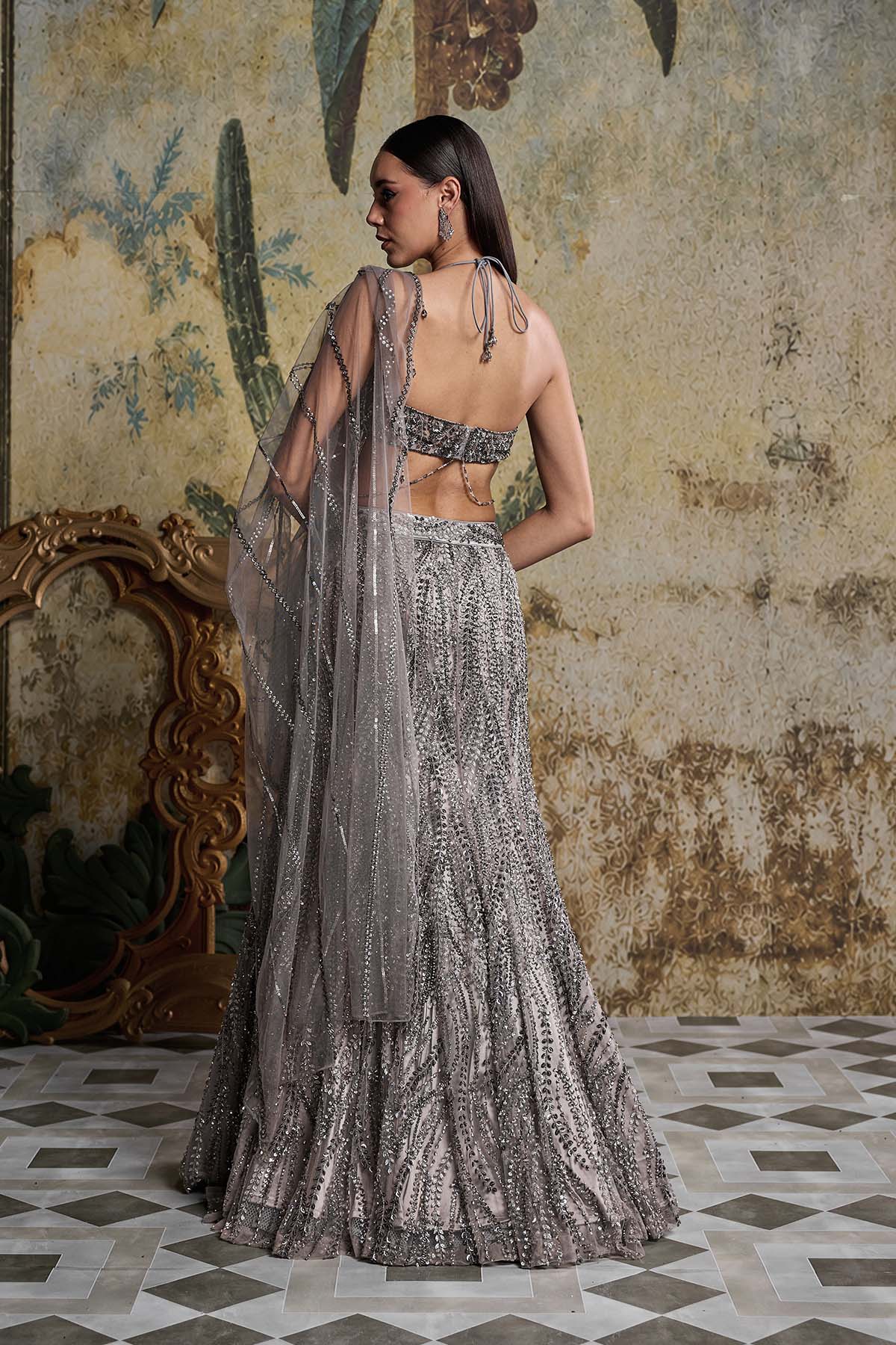 Grey Gunmetal Embellished Mermaid Skirt Set