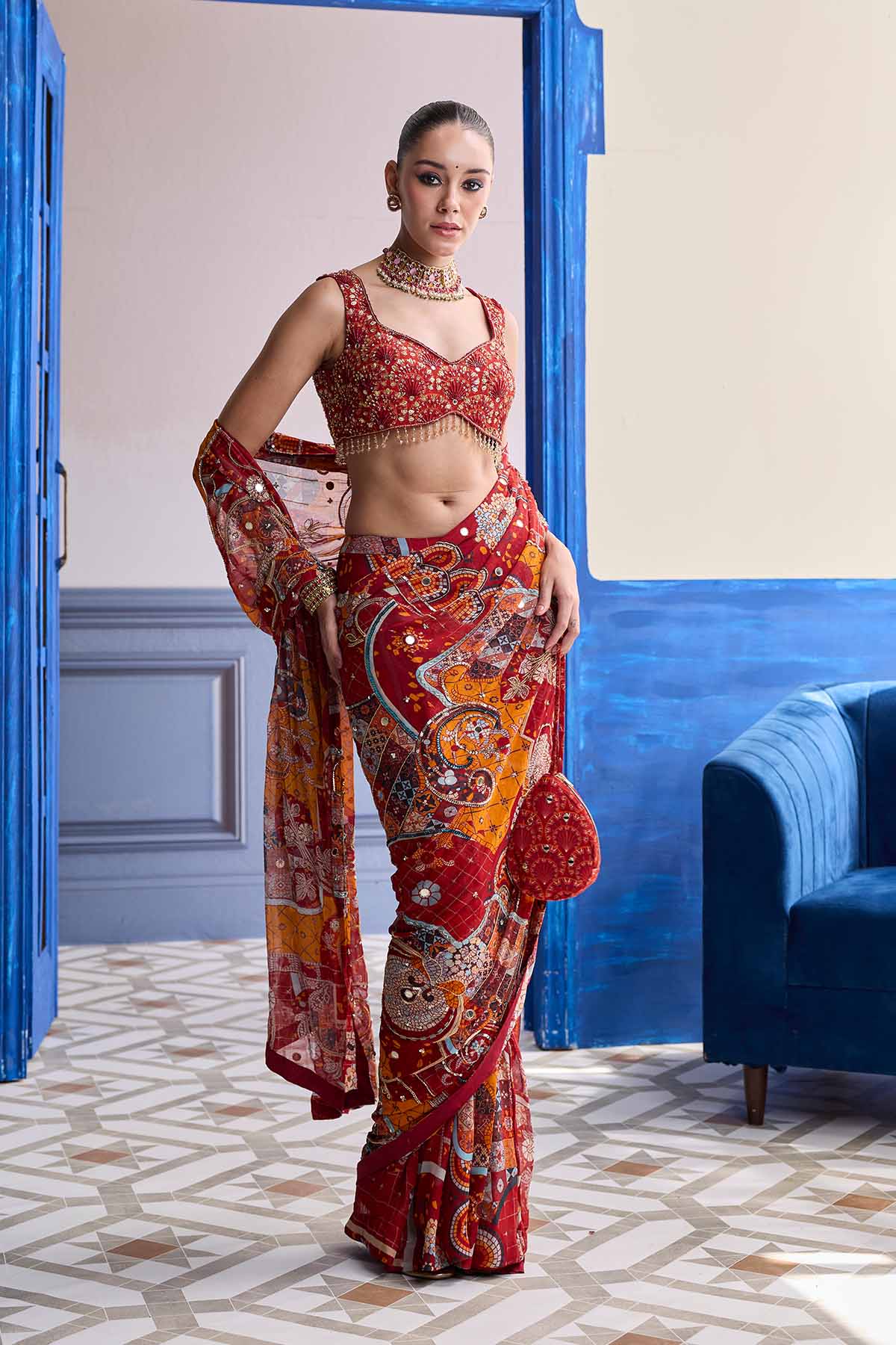 Rust Mosaic Highlighted Blouse With Classic Skirt Saree Set