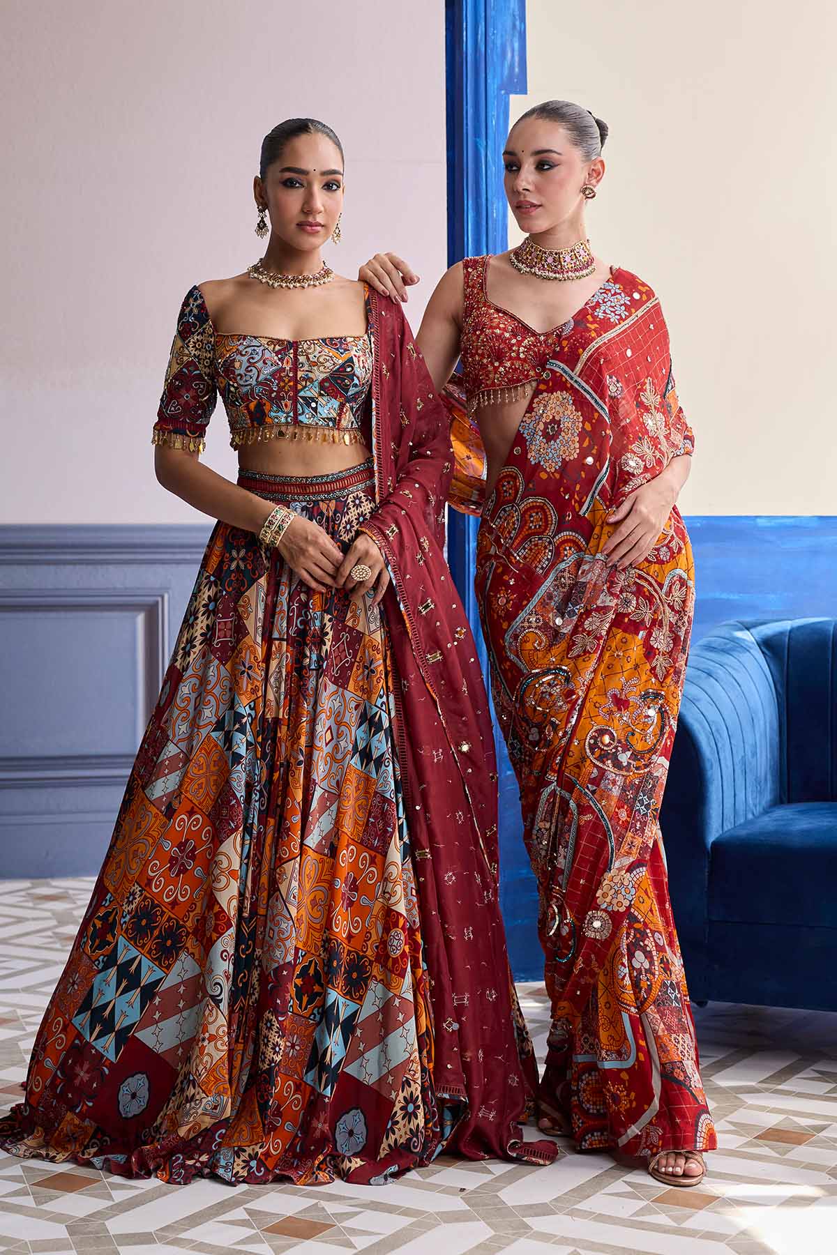 Rust Mosaic Highlighted Blouse With Classic Skirt Saree Set