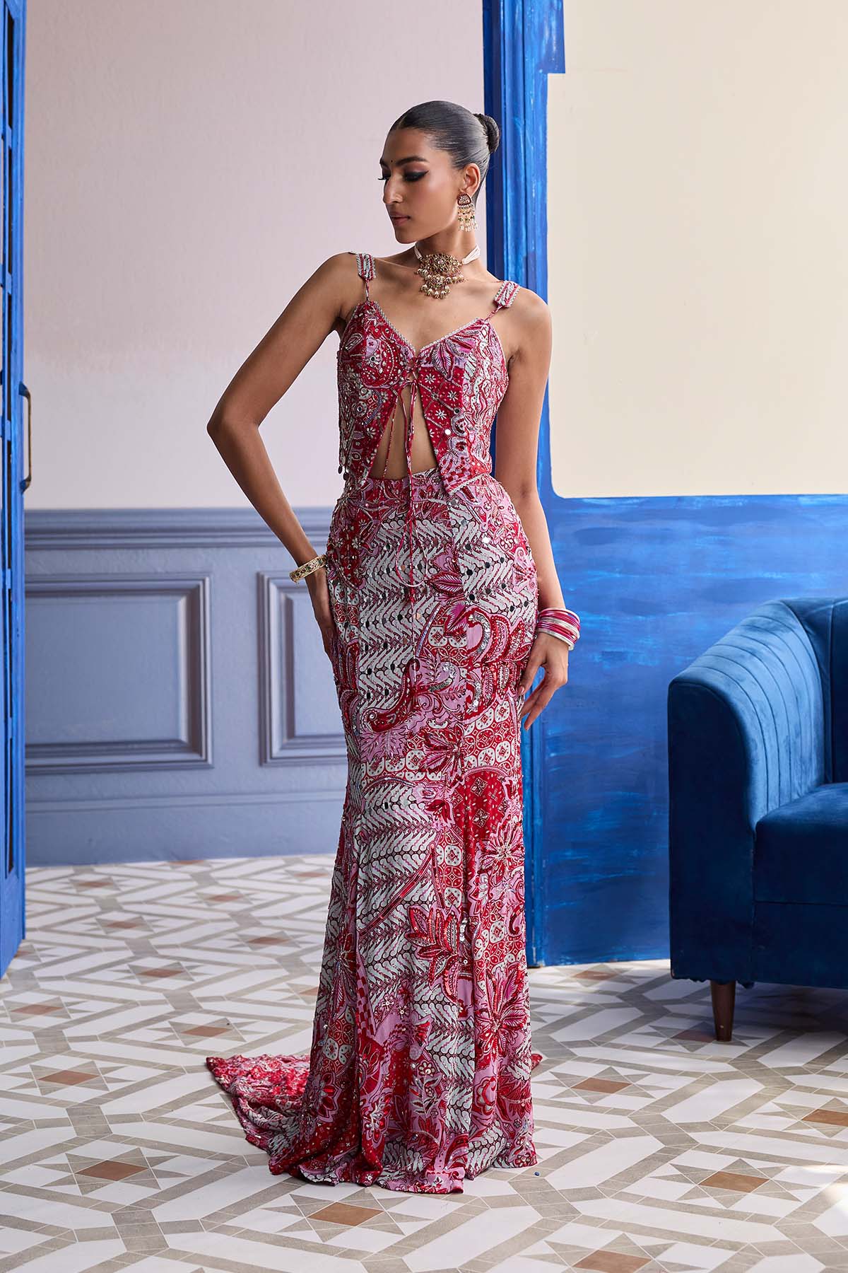 Red Floral Corset With Highlighted Mermaid Skirt Set
