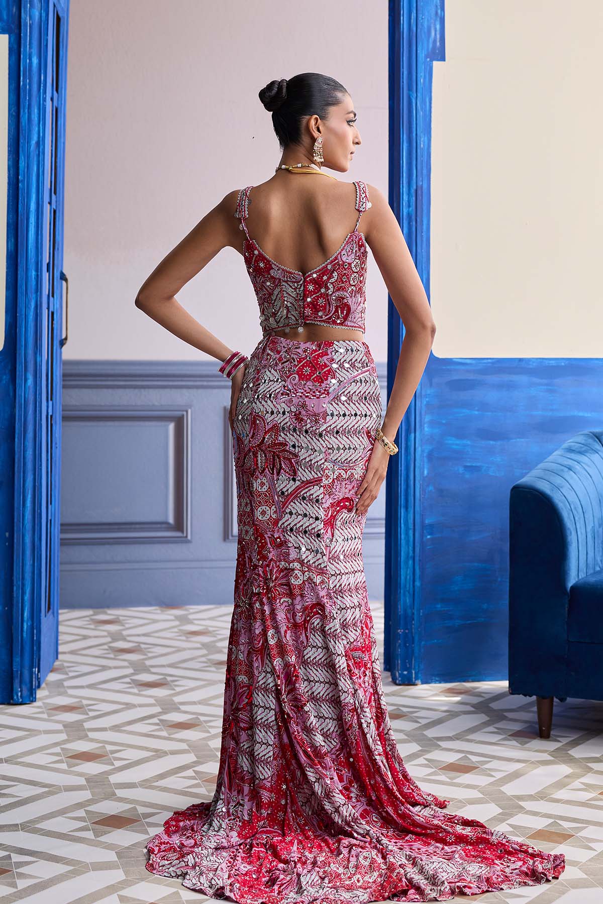 Red Floral Corset With Highlighted Mermaid Skirt Set
