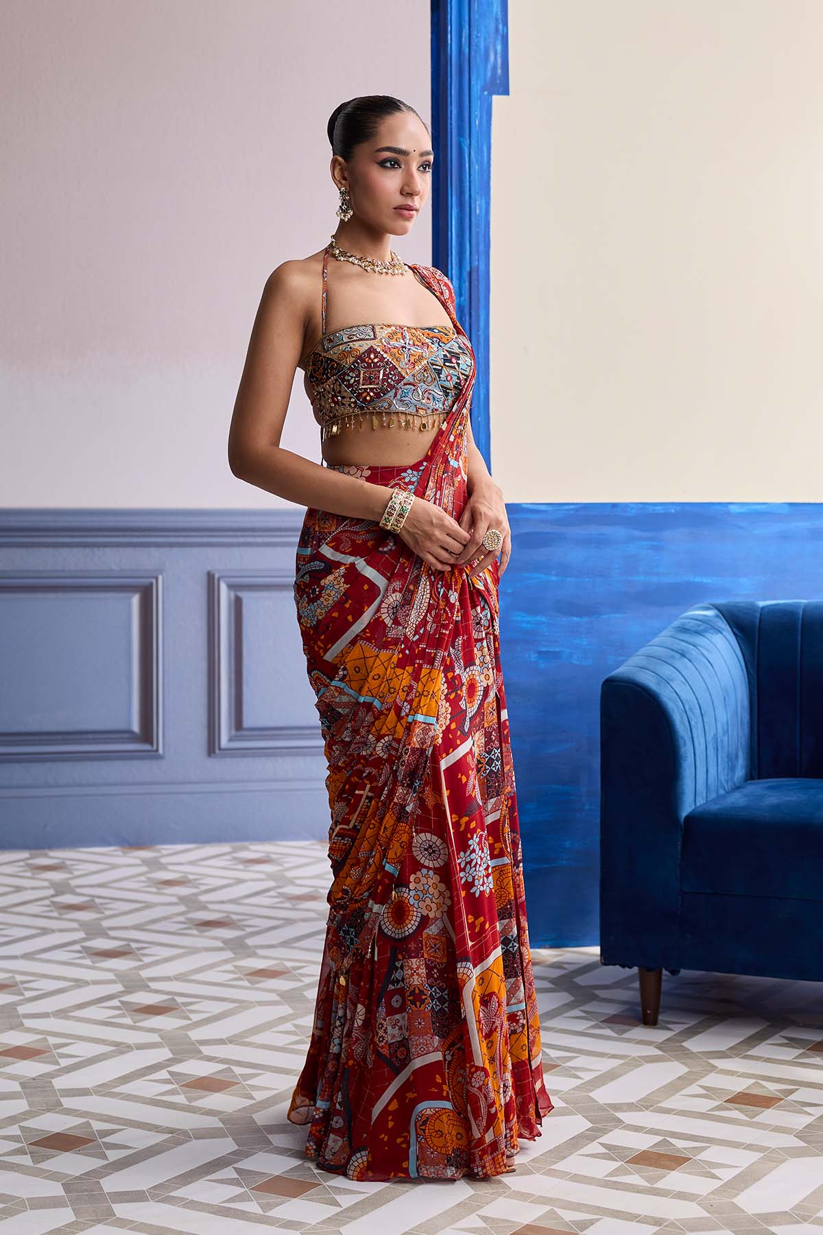 Rust Mosaic Blouse With Pre-Draped Panelled Saree Set