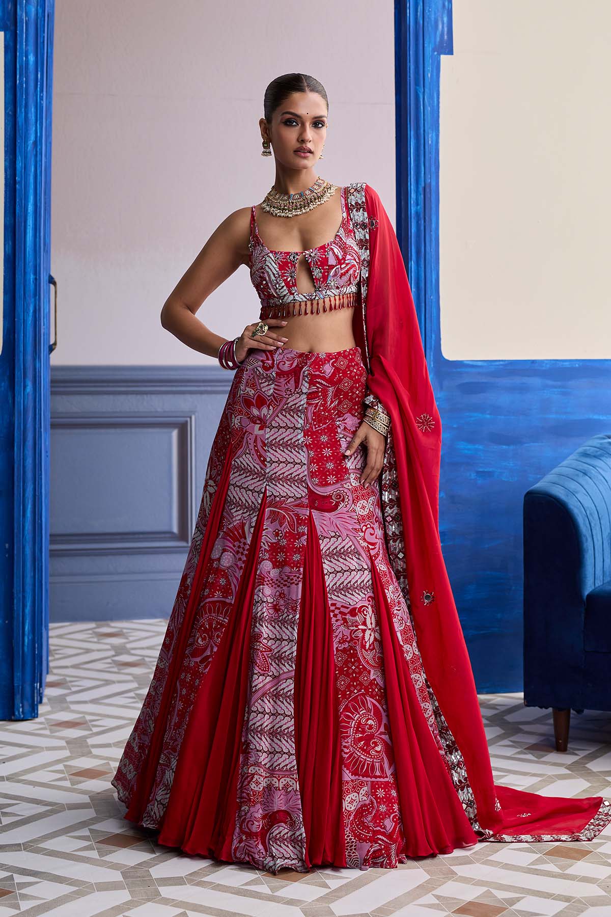 Red Floral Blouse With Godet Skirt & Embroidered Dupatta Set