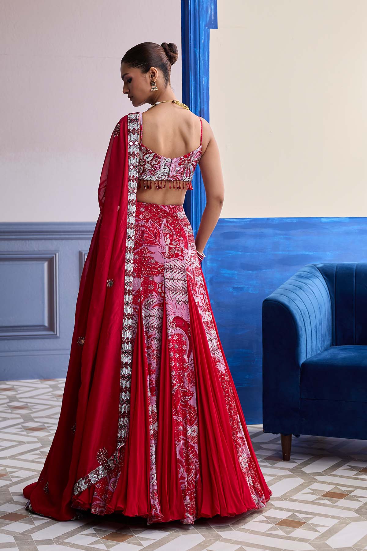 Red Floral Blouse With Godet Skirt & Embroidered Dupatta Set