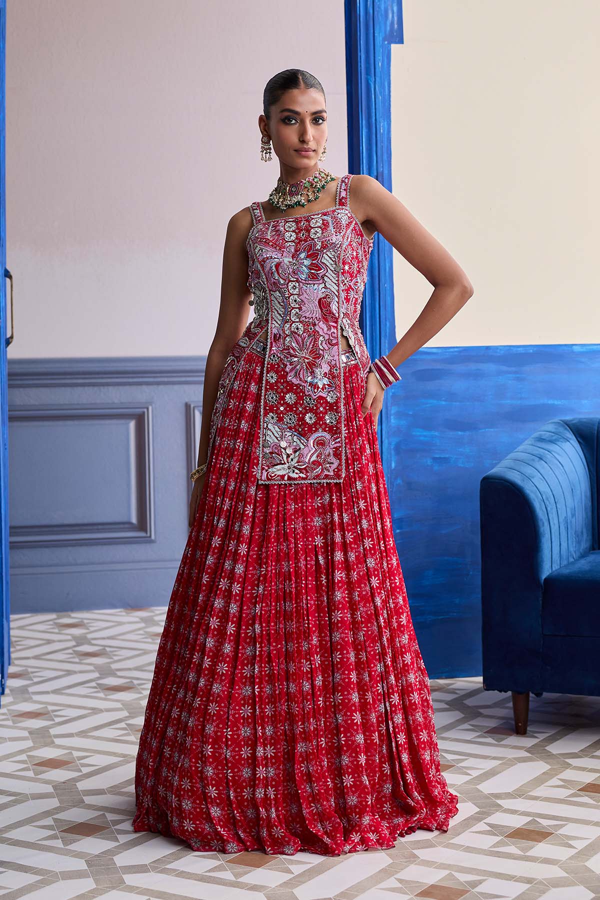 Red Floral Slit Kurti With Lehenga Set