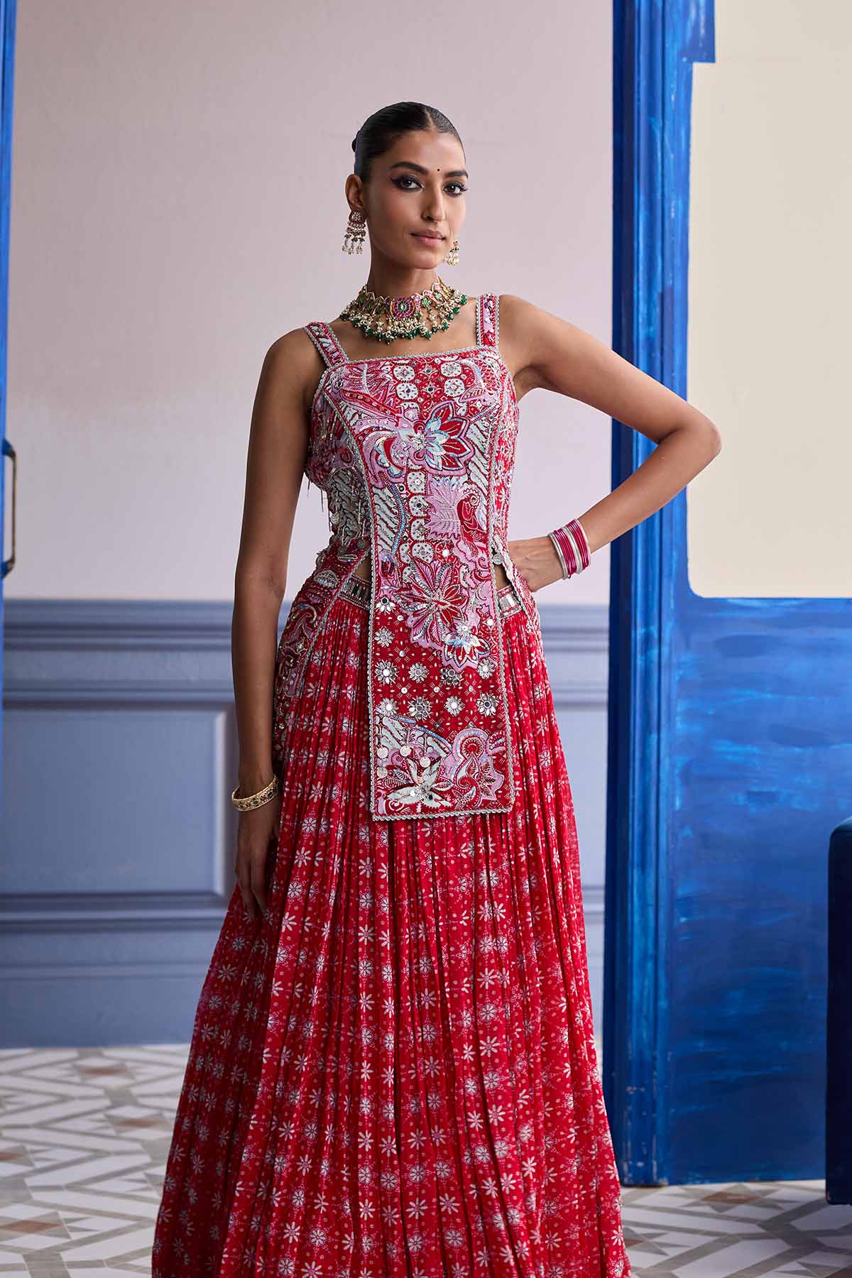 Red Floral Slit Kurti With Lehenga Set