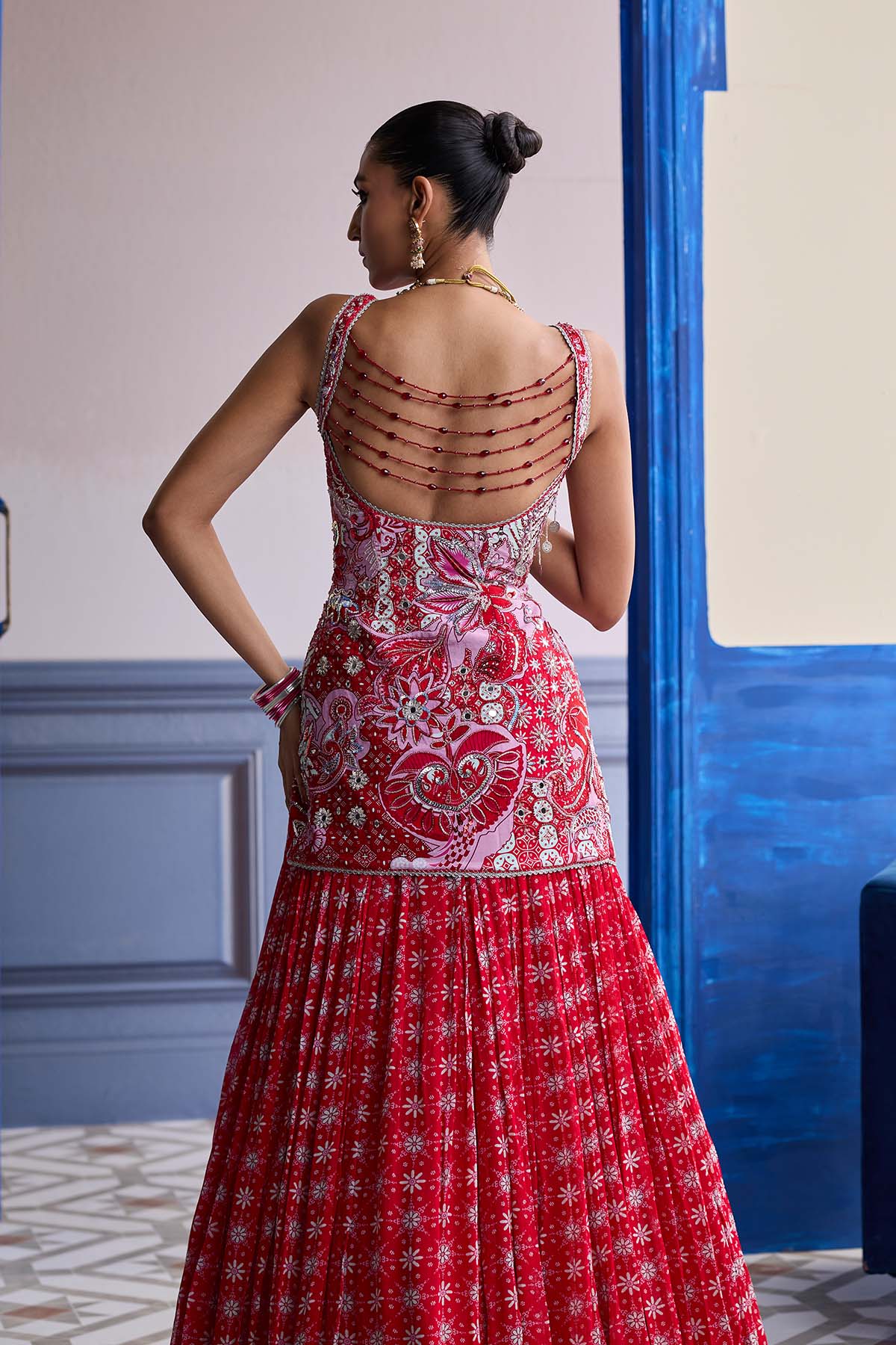 Red Floral Slit Kurti With Lehenga Set