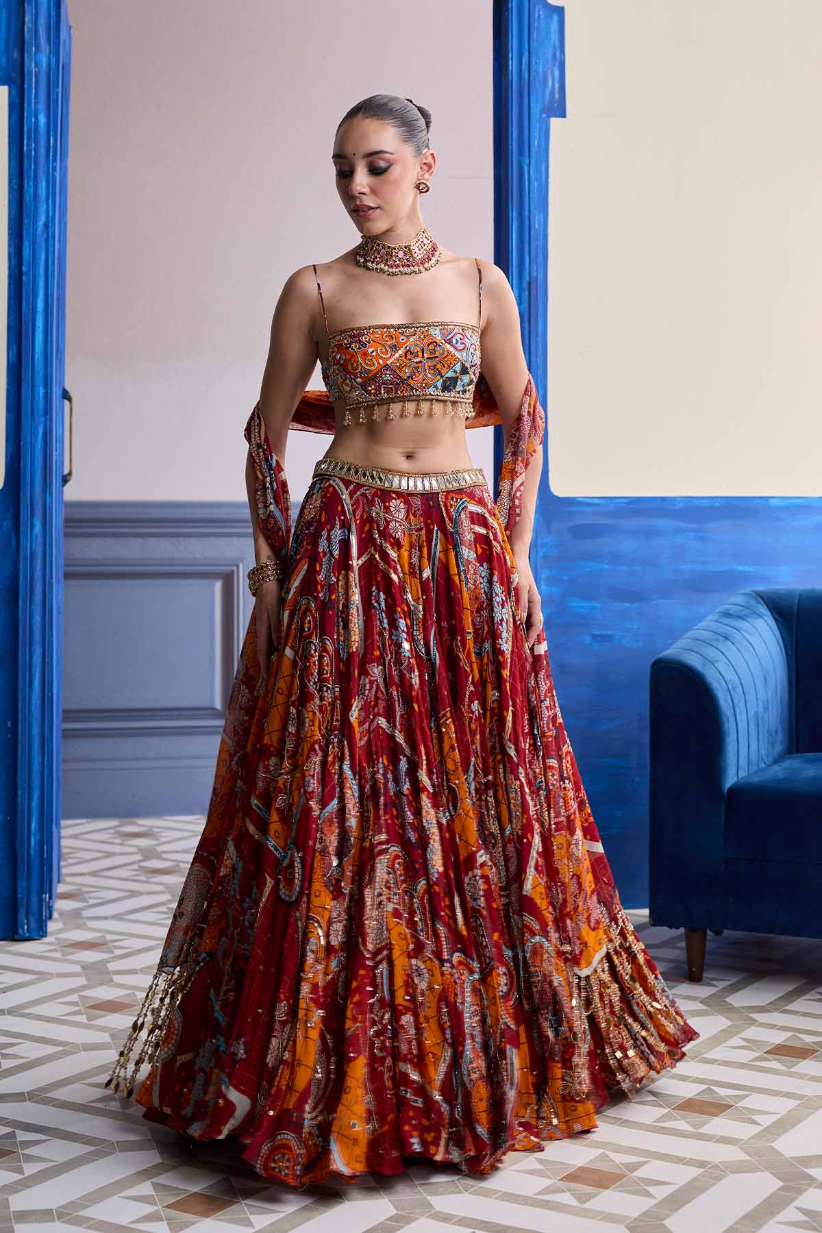 Rust Mosaic Square Neck Blouse With Lehenga & Tassel Dupatta Set