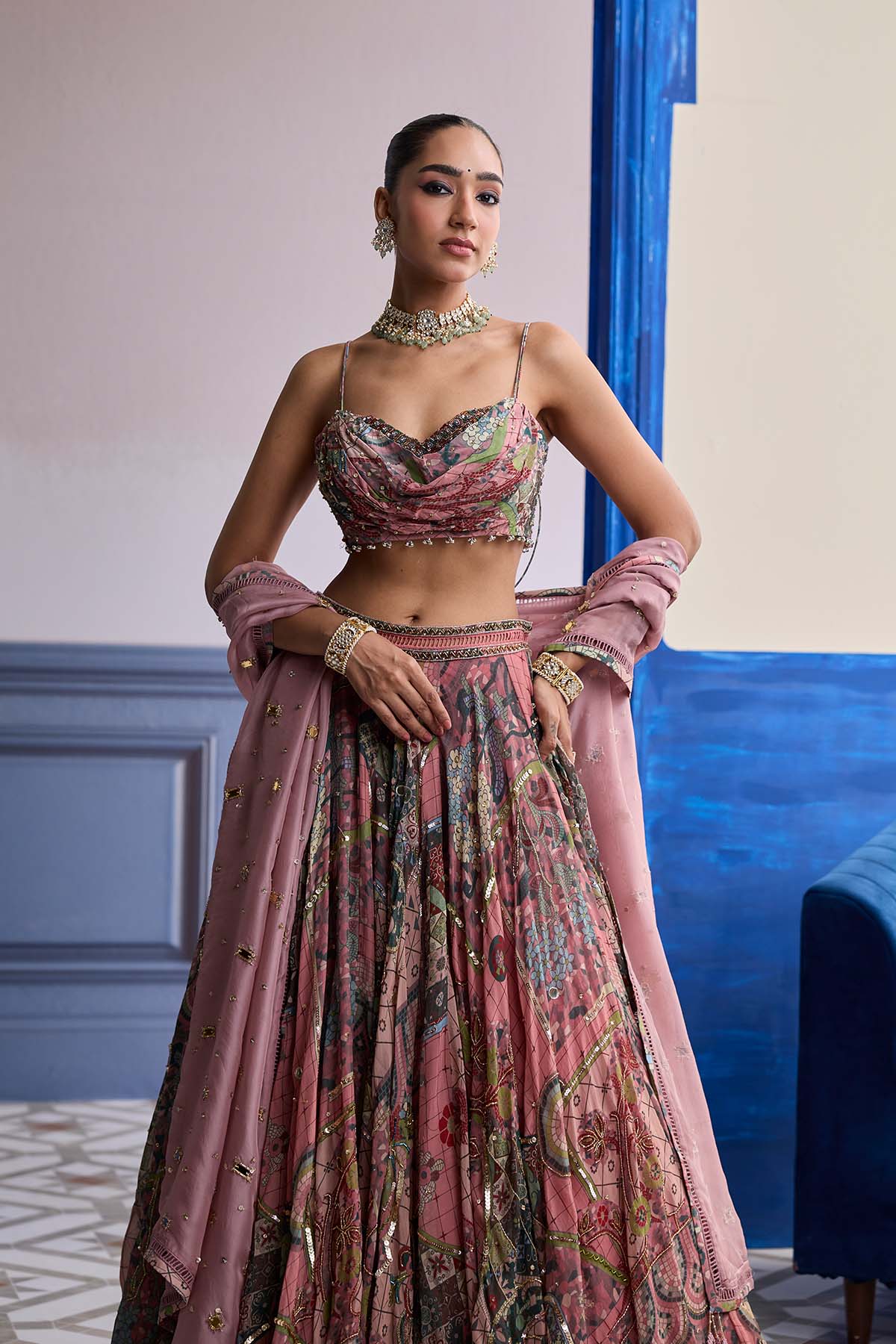 Dusk Pink Highlighted Blouse With Lehenga & Embroidered Dupatta Set