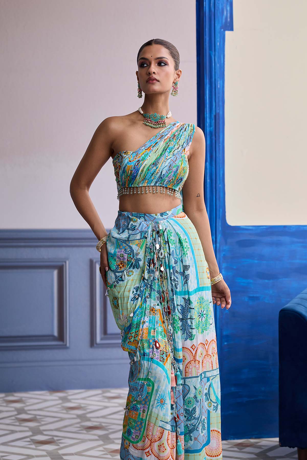 Aqua Blue Mosaic One-Shoulder Blouse With Cowl Dhoti Skirt Set