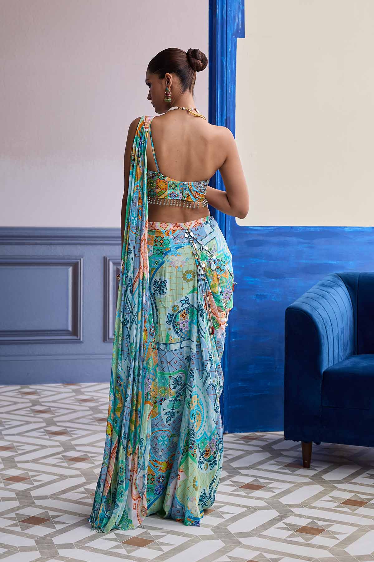 Aqua Blue Mosaic One-Shoulder Blouse With Cowl Dhoti Skirt Set