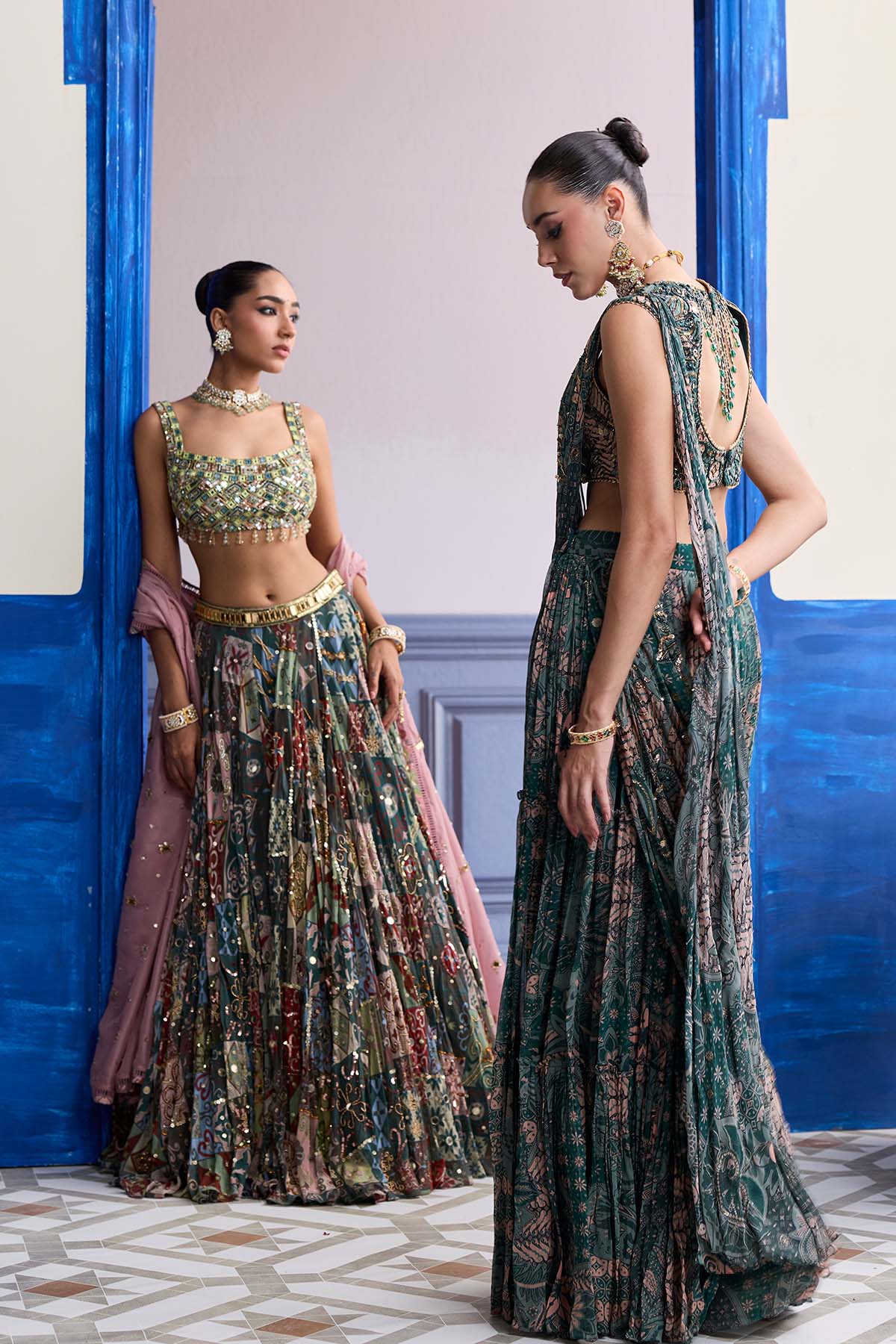 Green Mirror Embroidered Blouse With Forest Green Lehenga & Embroidered Dupatta Set