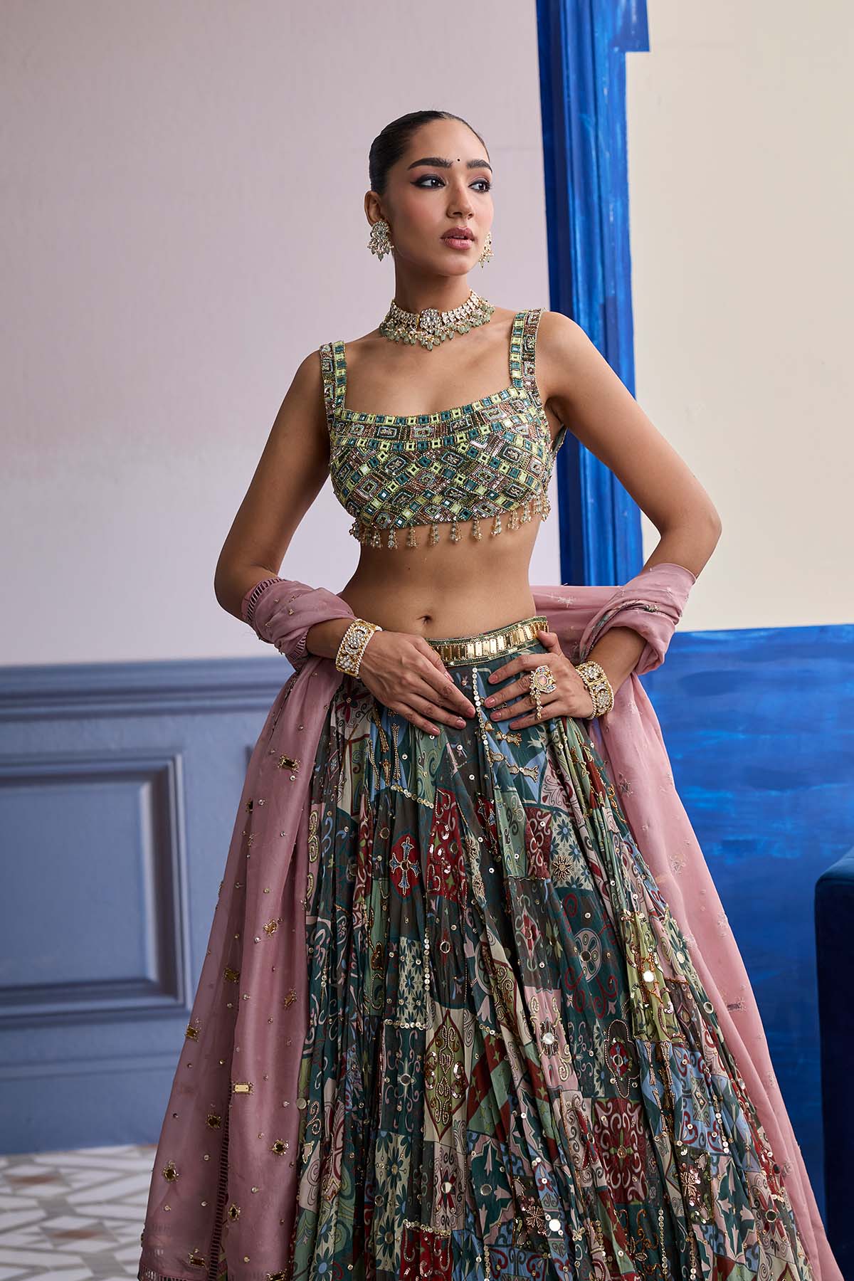 Green Mirror Embroidered Blouse With Forest Green Lehenga & Embroidered Dupatta Set
