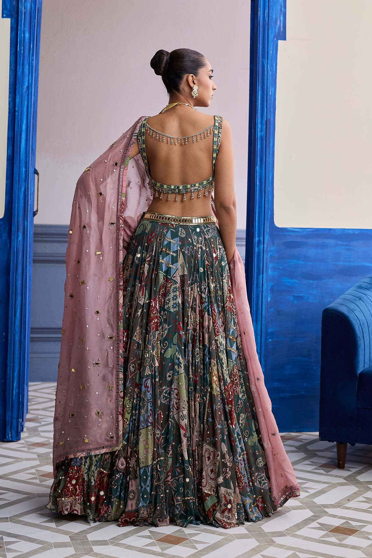 Green Mirror Embroidered Blouse With Forest Green Lehenga & Embroidered Dupatta Set