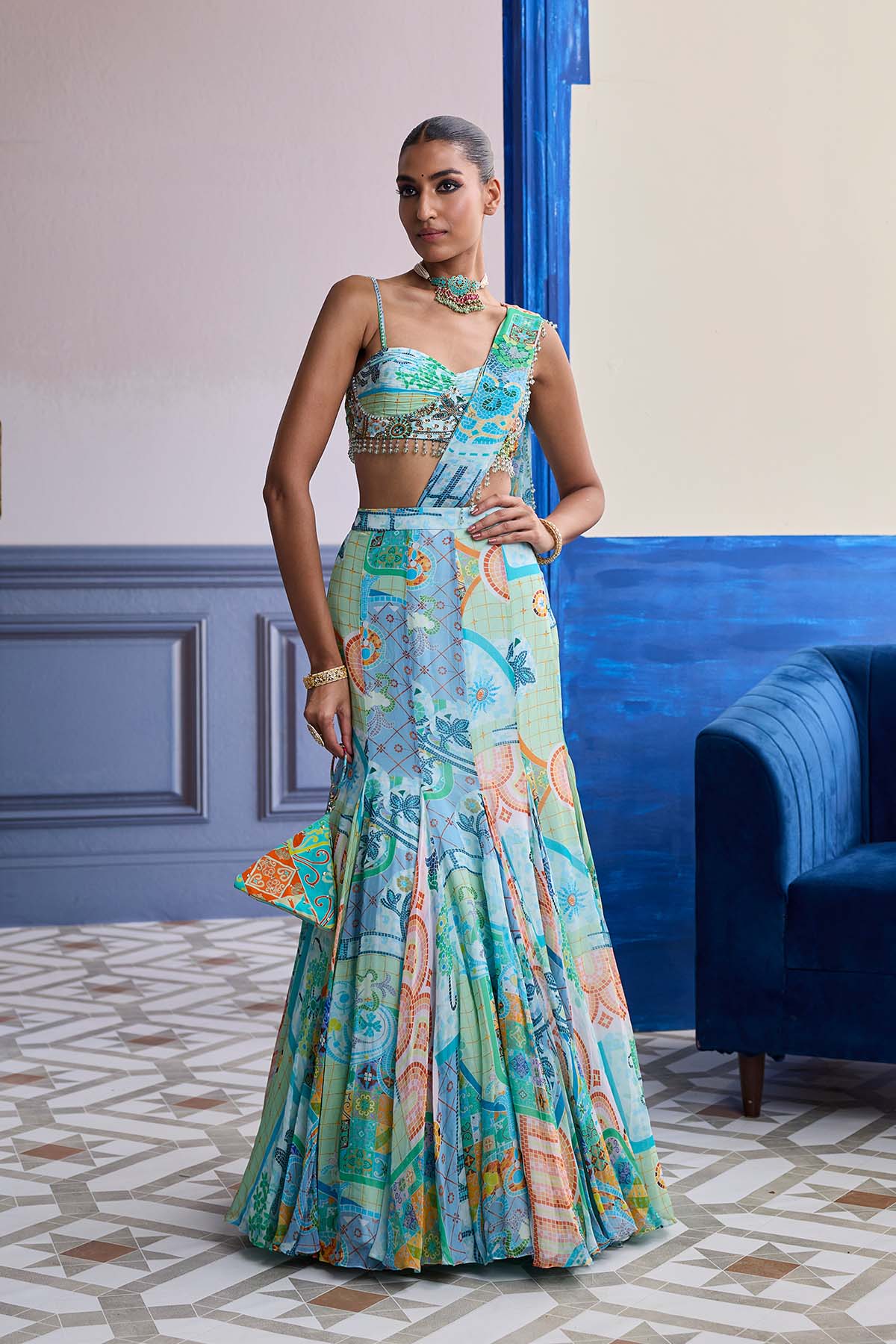 Aqua Blue Mosaic Ruched Blouse With Draped Mermaid Saree Set