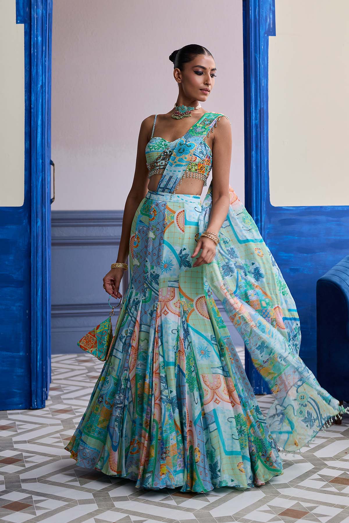 Aqua Blue Mosaic Ruched Blouse With Draped Mermaid Saree Set