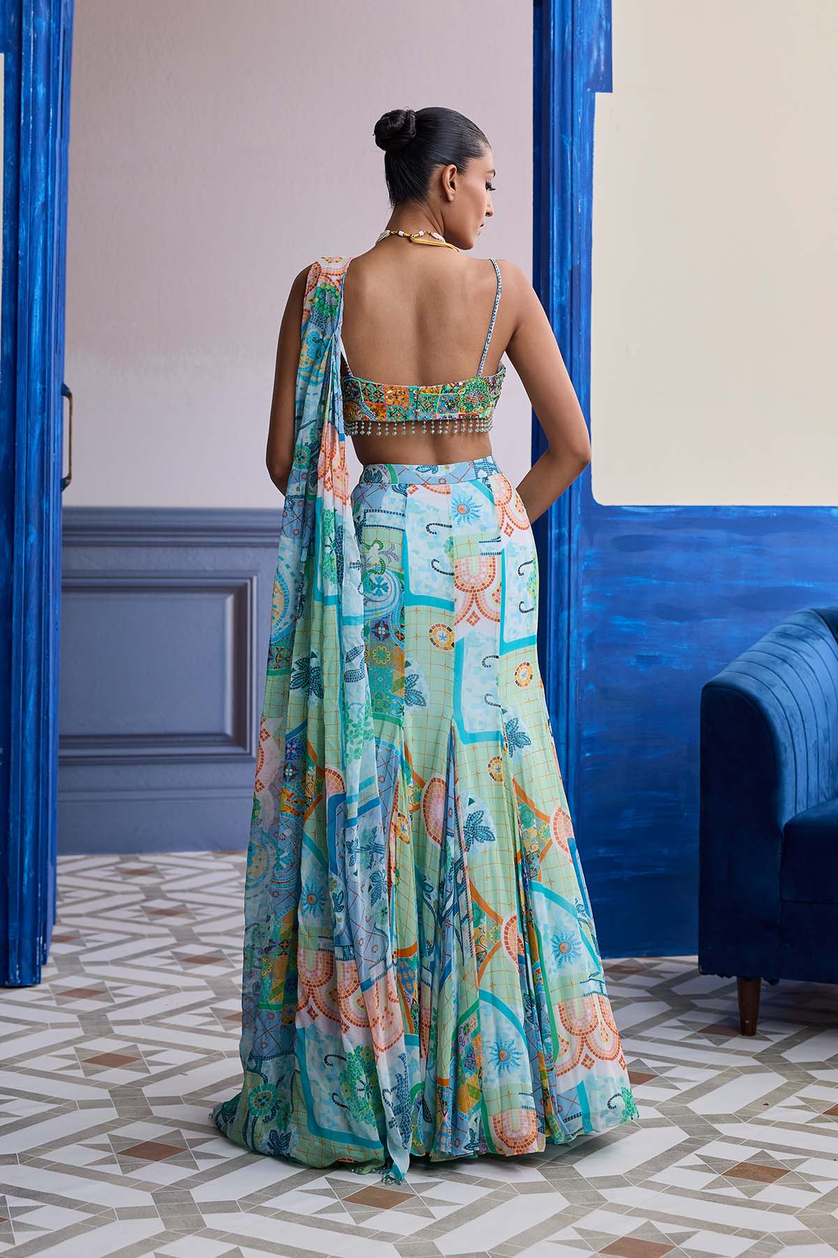 Aqua Blue Mosaic Ruched Blouse With Draped Mermaid Saree Set