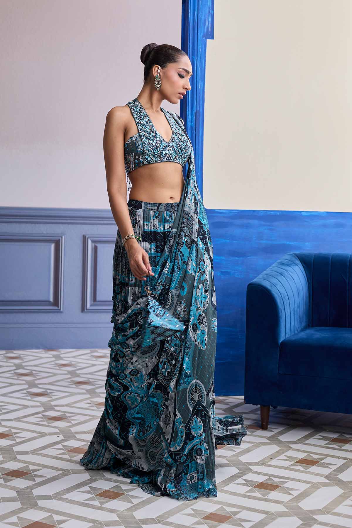 Teal Mosaic Halter Blouse With Tiered Skirt Saree Set