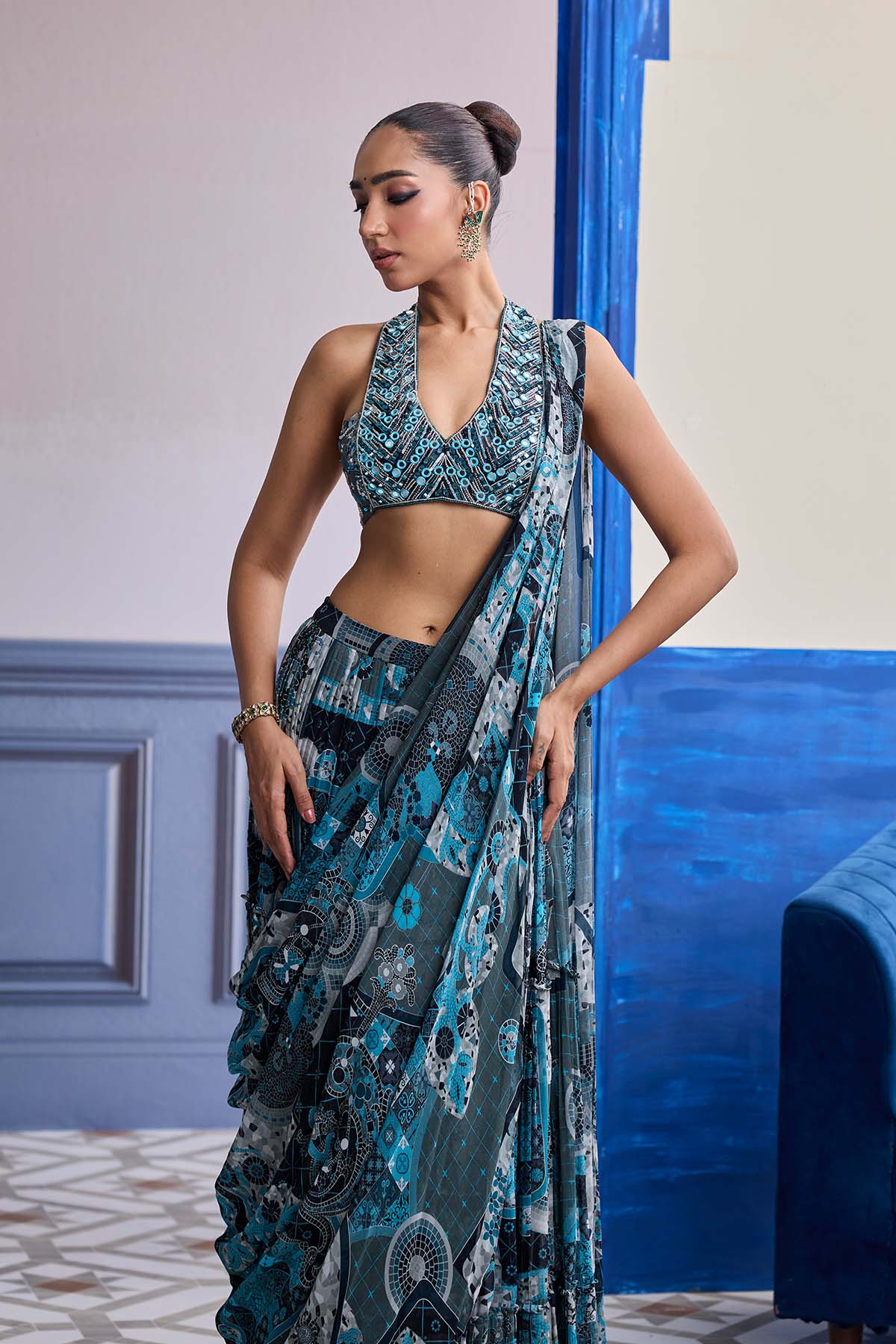 Teal Mosaic Halter Blouse With Tiered Skirt Saree Set