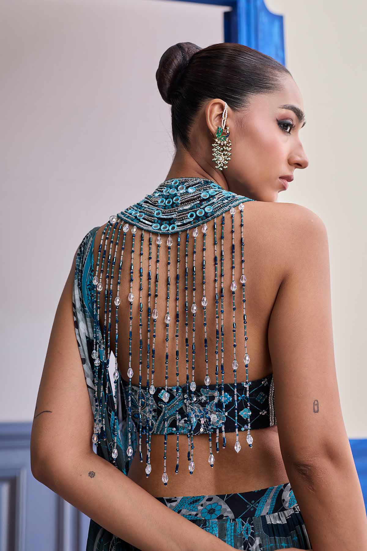 Teal Mosaic Halter Blouse With Tiered Skirt Saree Set