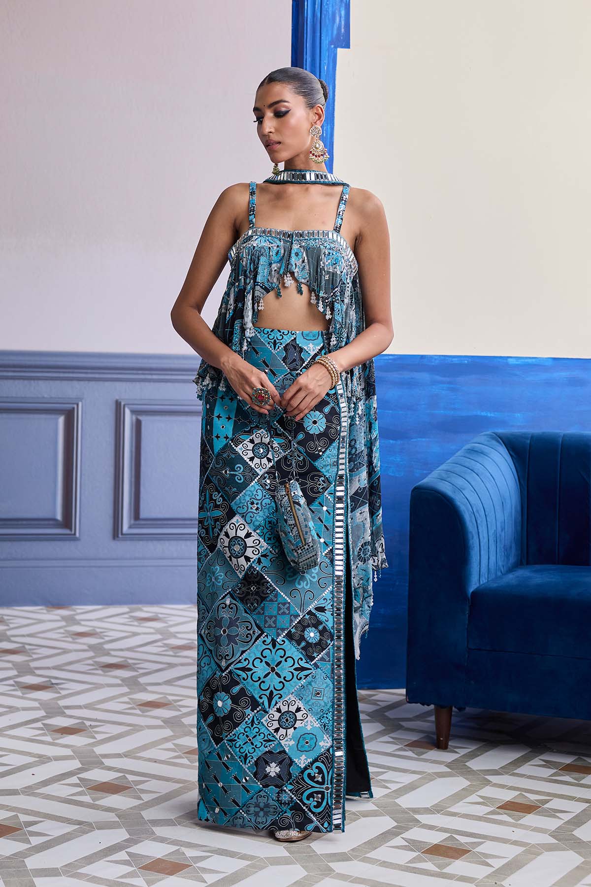 Teal & Black Mosaic Peplum With Slit Skirt & Choker Dupatta Set