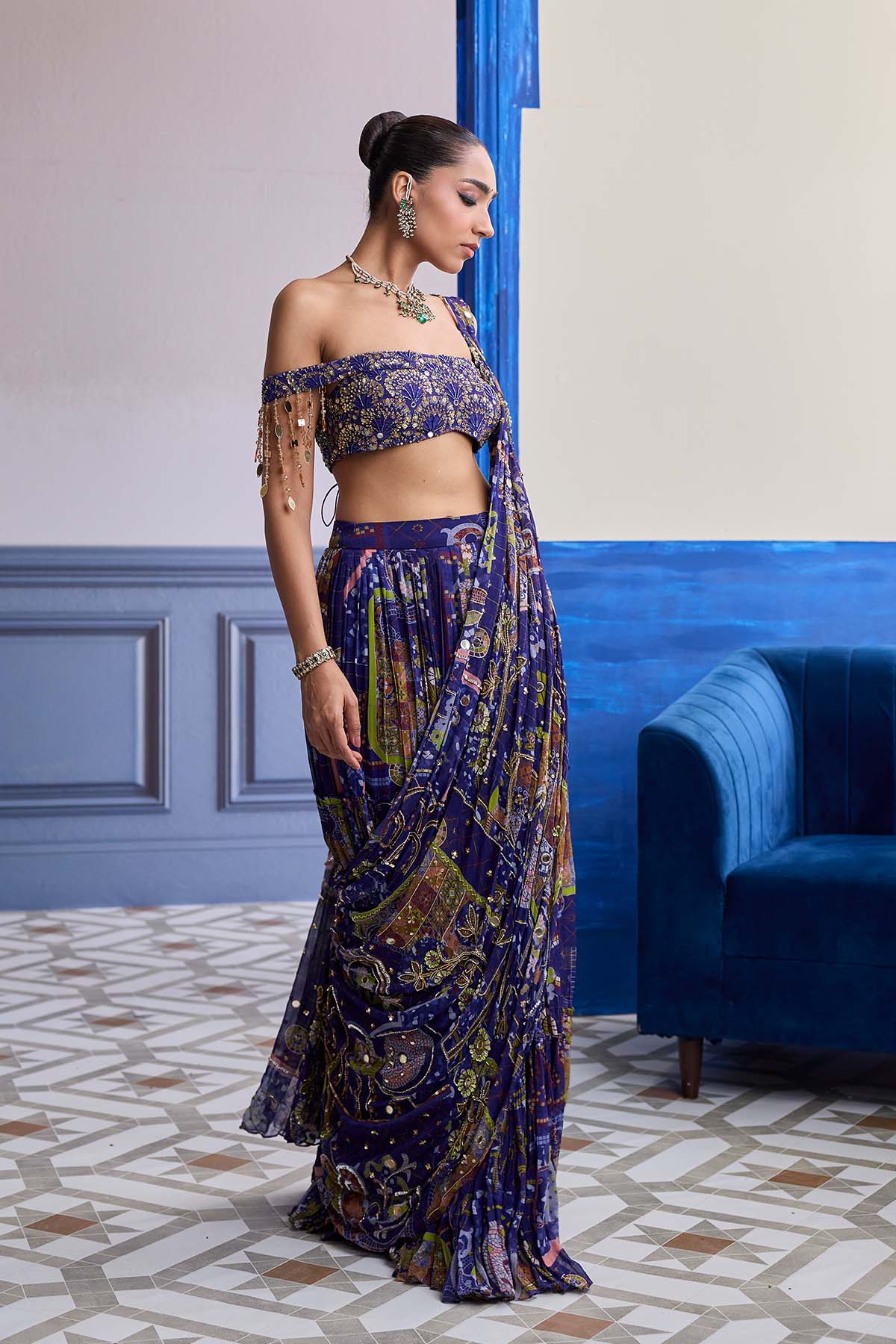 Violet Mosaic Off-Shoulder Blouse With Drape Tiered Skirt Saree Set