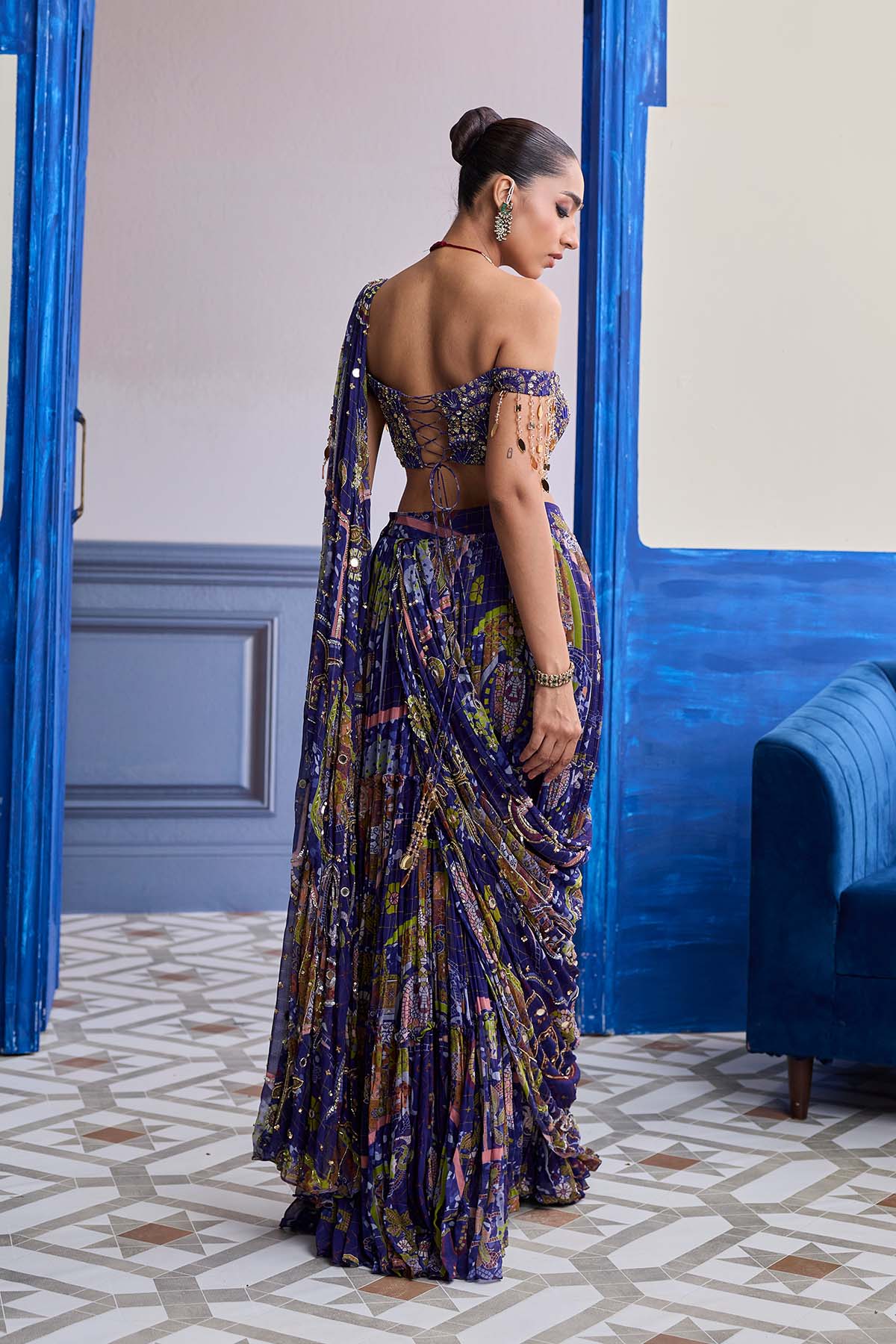Violet Mosaic Off-Shoulder Blouse With Drape Tiered Skirt Saree Set