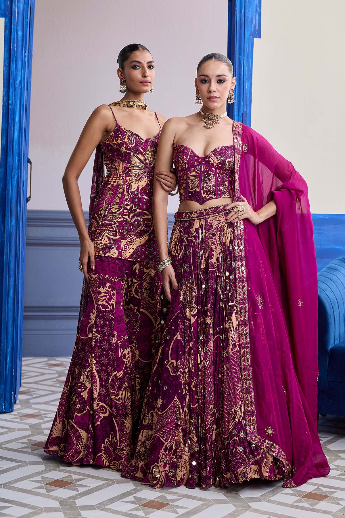 Magenta Highlighted Corset With Lehenga & Embroidered Dupatta Set