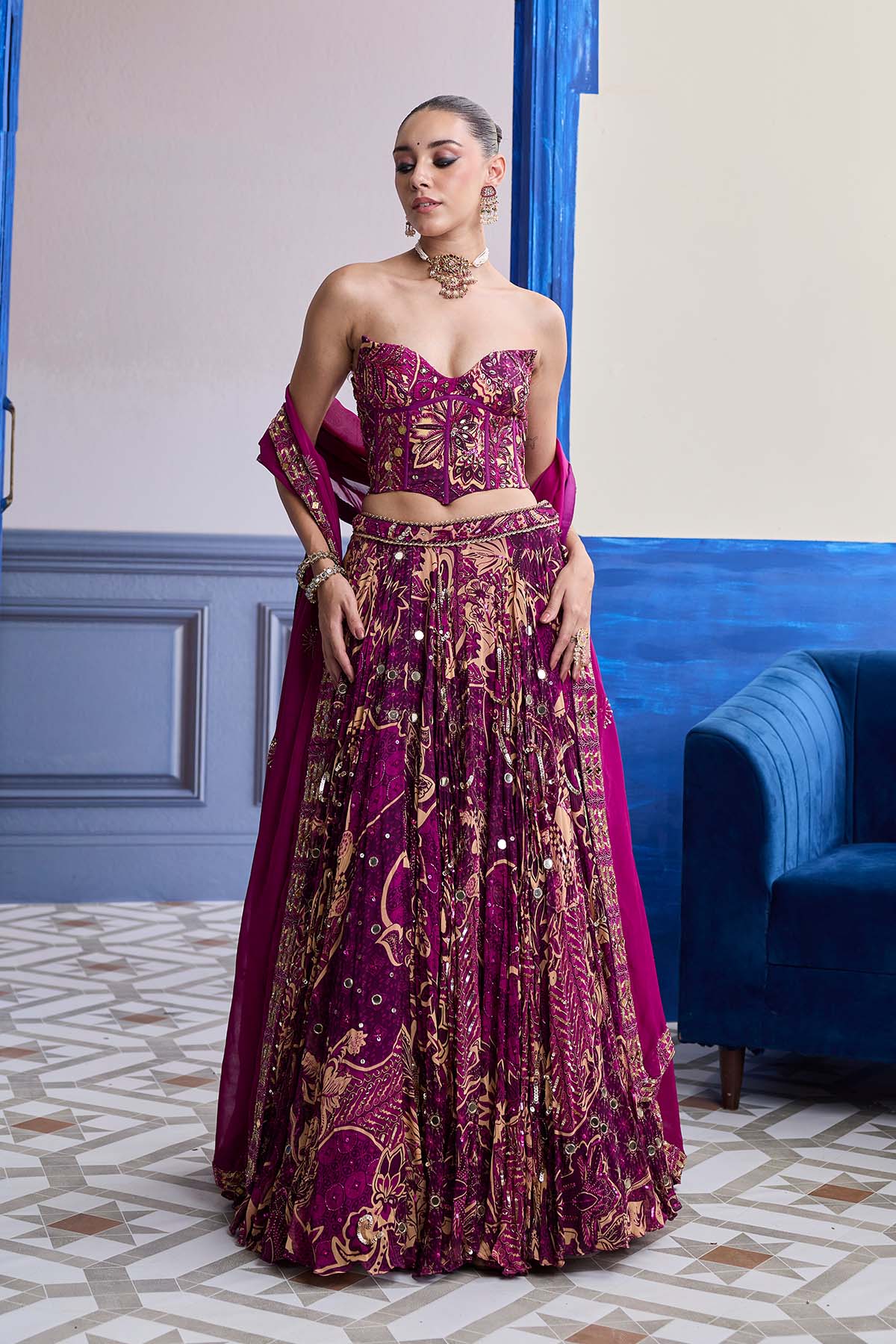 Magenta Highlighted Corset With Lehenga & Embroidered Dupatta Set