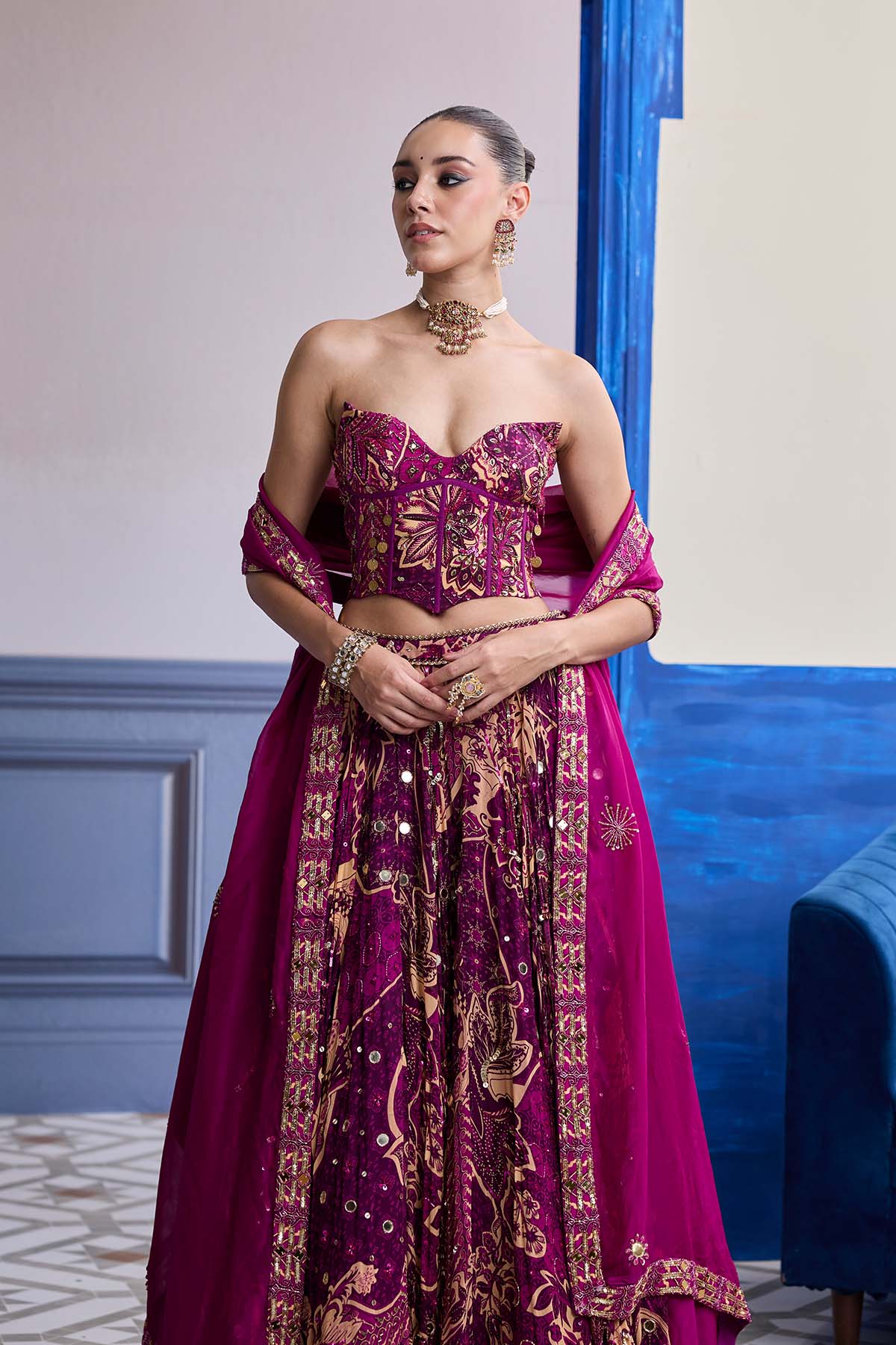 Magenta Highlighted Corset With Lehenga & Embroidered Dupatta Set